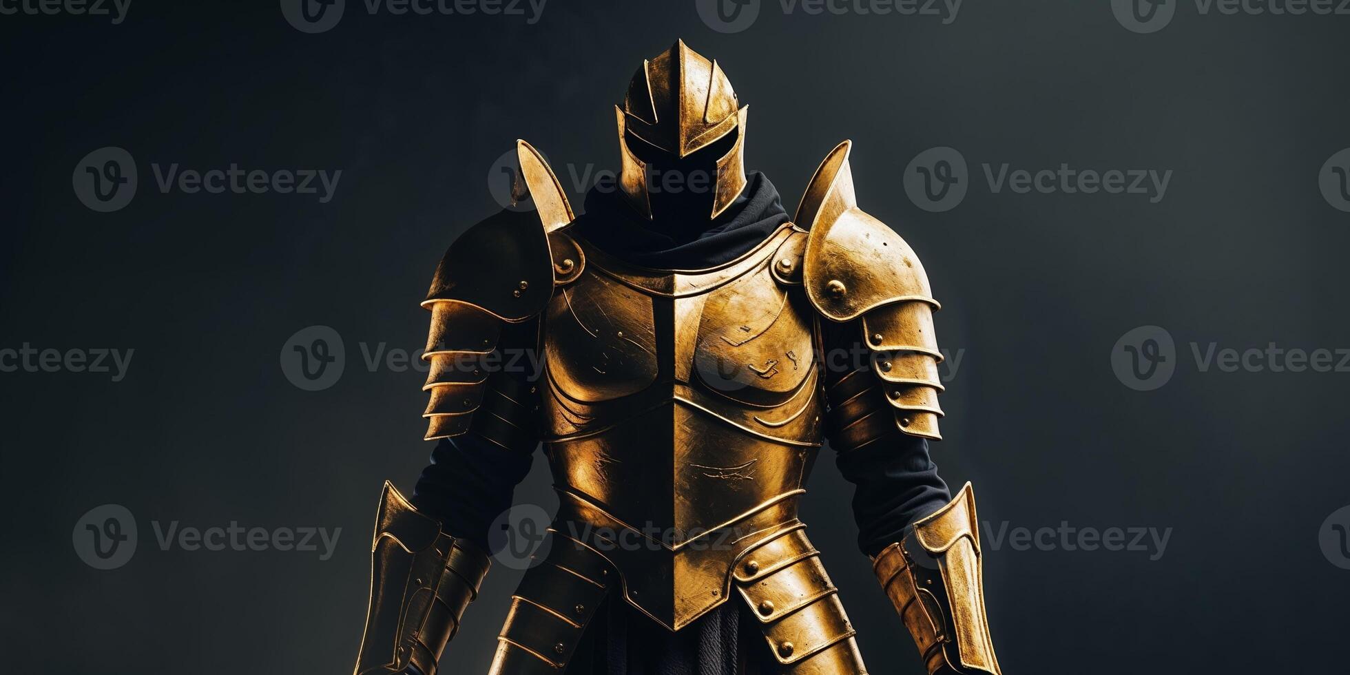 Powerful Gold Armored Figure in Dark Background. photo