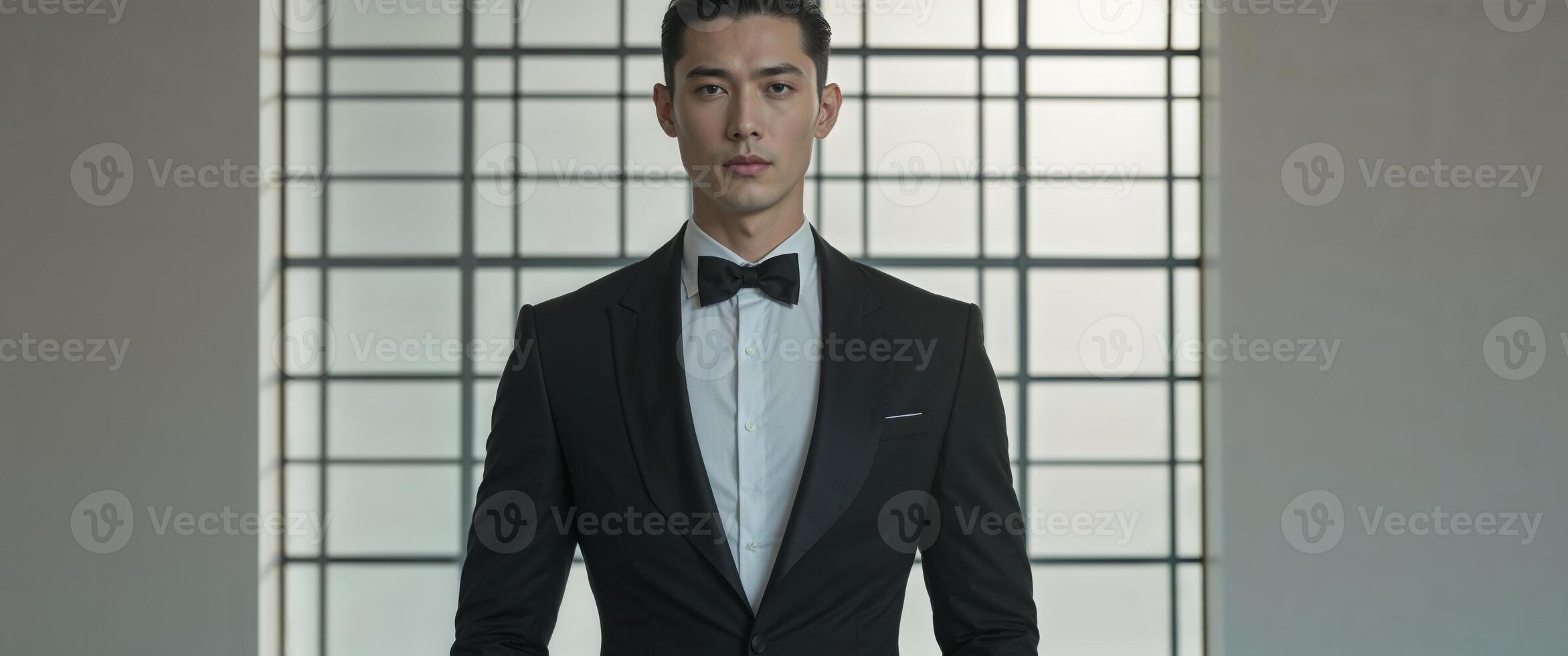 A man in a black suit and bow tie stands in front of a window. photo