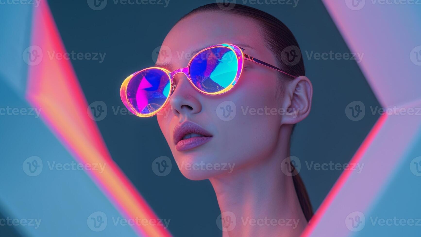 Fashion model posing with sunglasses and neon lights reflecting in glasses photo