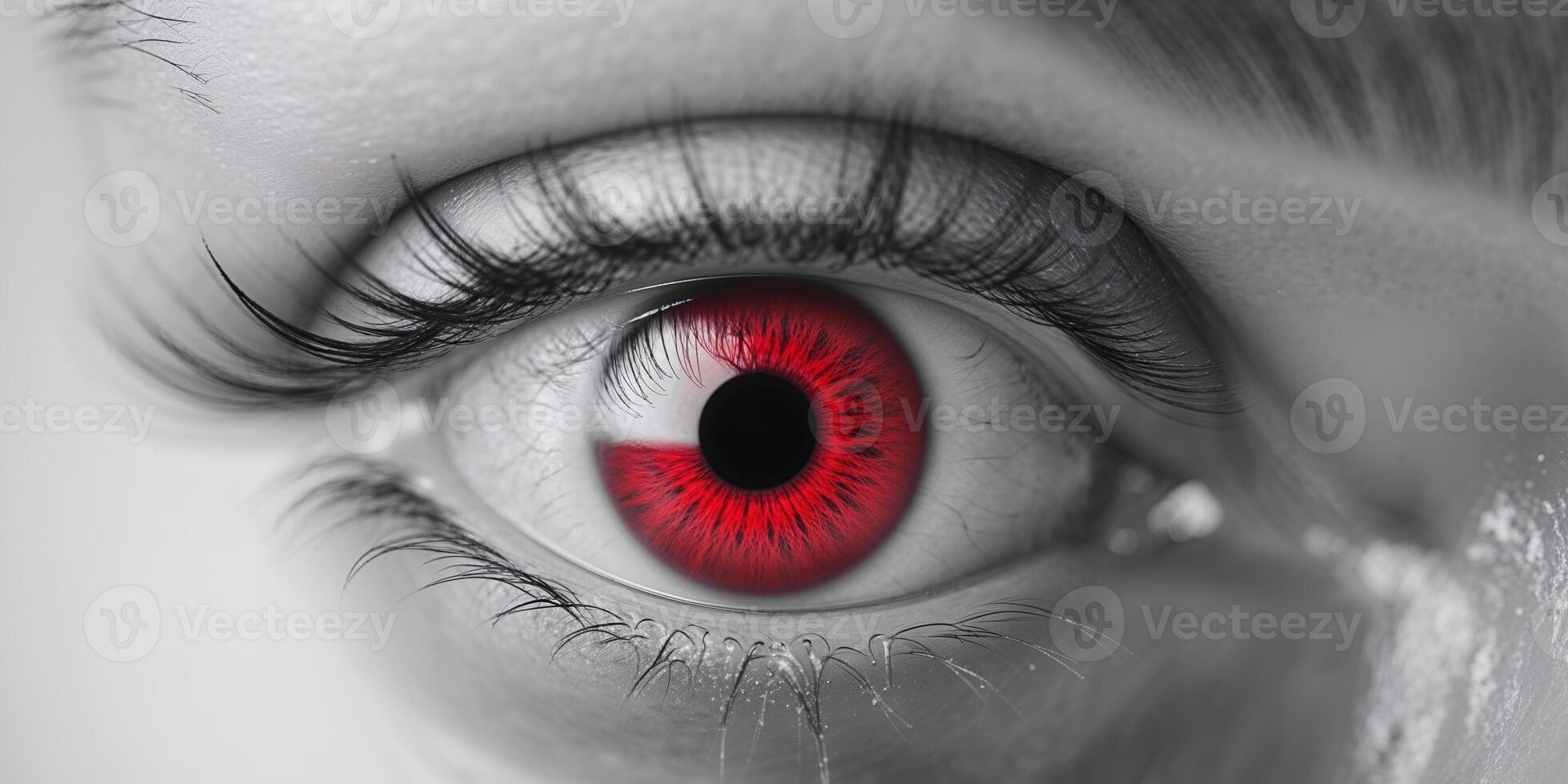 A close up of a person's eye with a red iris. photo