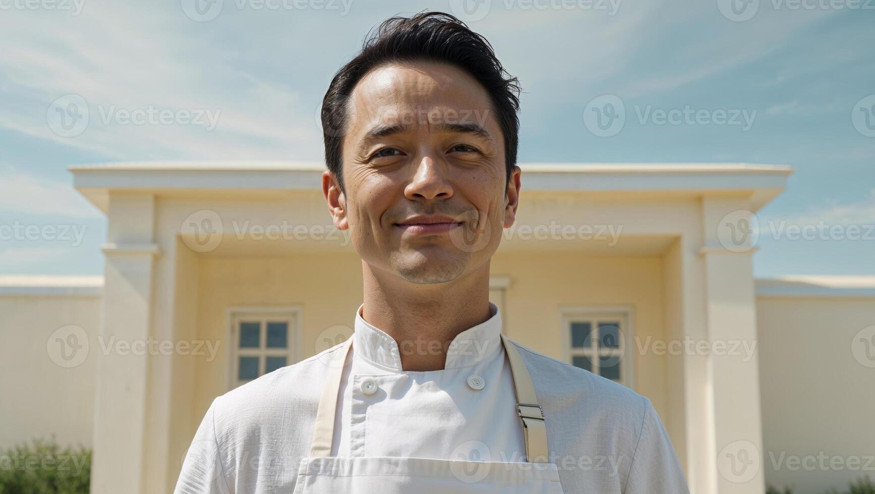 A man wearing an apron standing in front of a building. photo