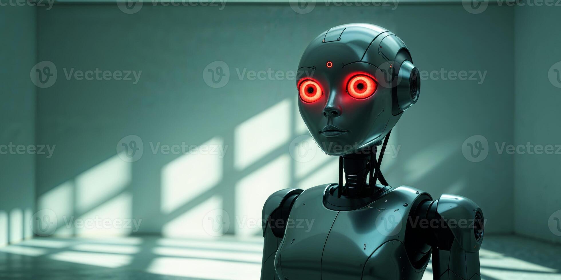 A robot with red eyes stands in a dark room. photo