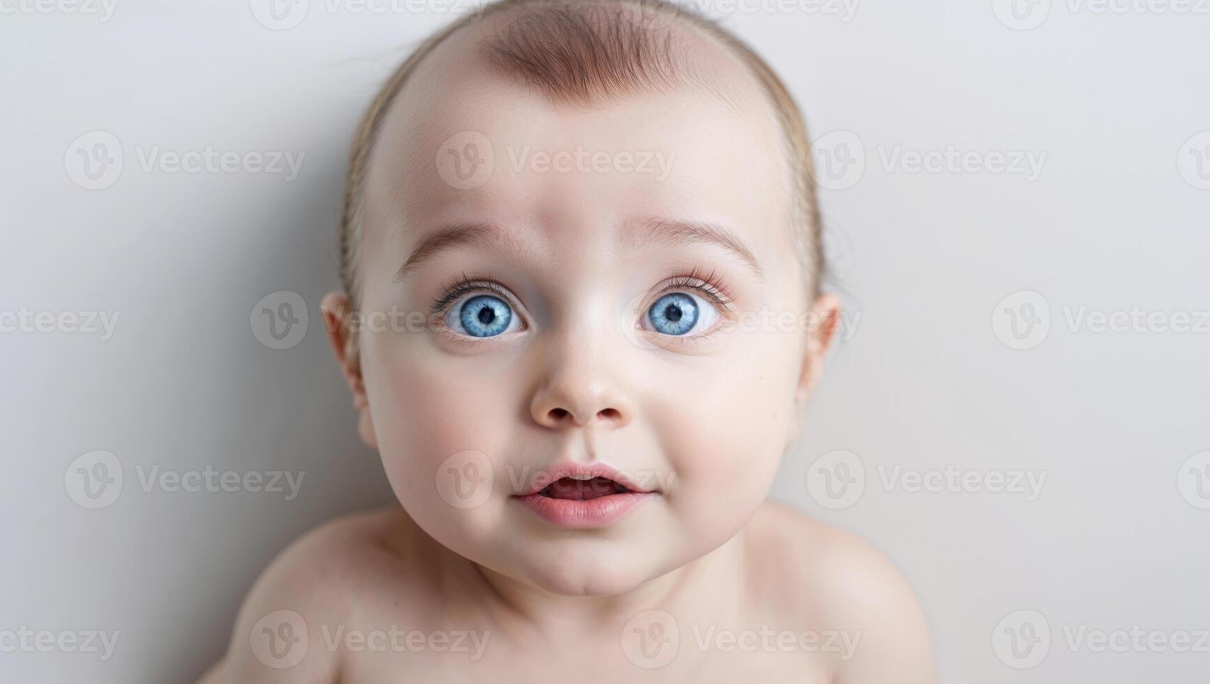 A baby with blue eyes and a surprised expression. photo