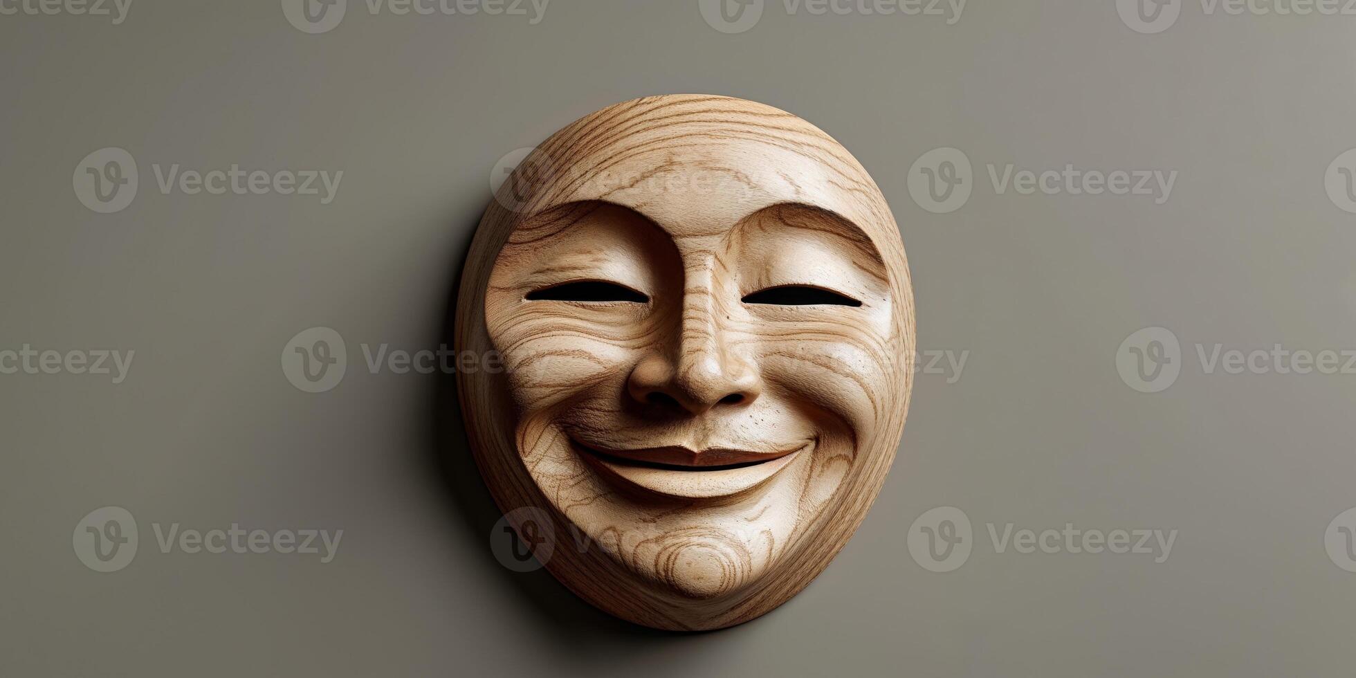 A wooden mask with a smiling face is displayed on a grey background. photo