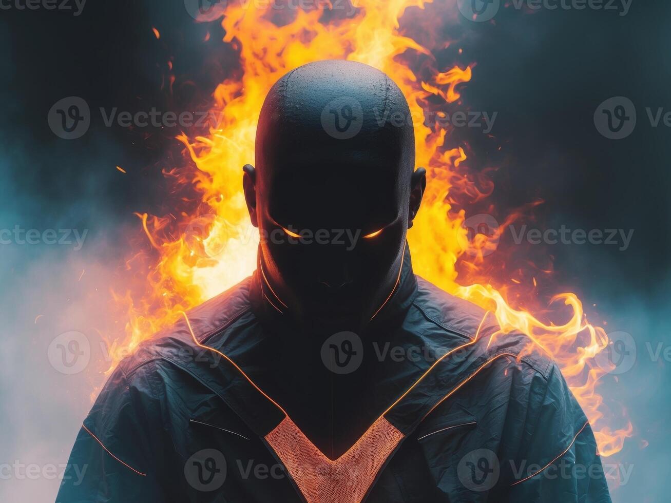 Fiery energy emanates from a silhouette amidst a dark background in a digital artwork showcasing transformation and power photo