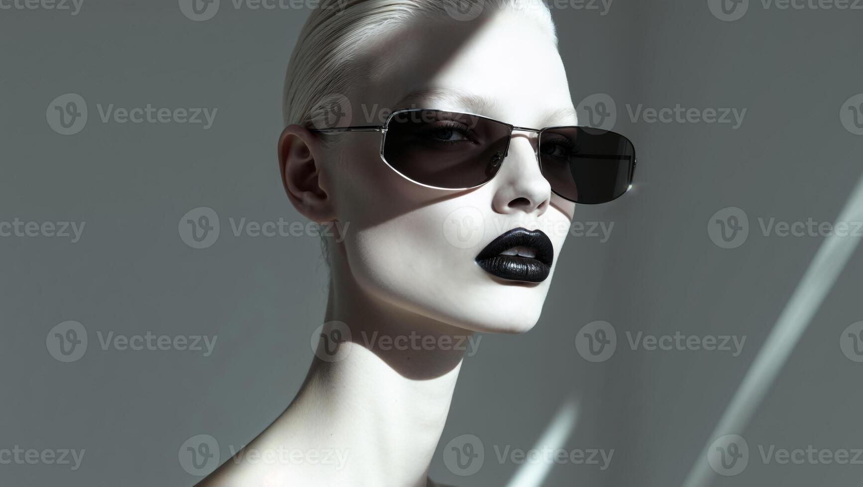 Fashion model wearing sunglasses with black lipstick and creative lighting photo