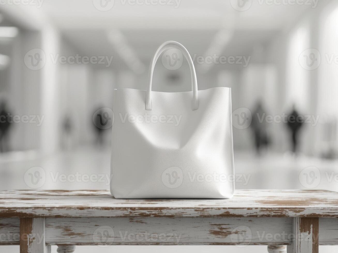 Mockup of a white bag on a wooden table in a shopping center photo