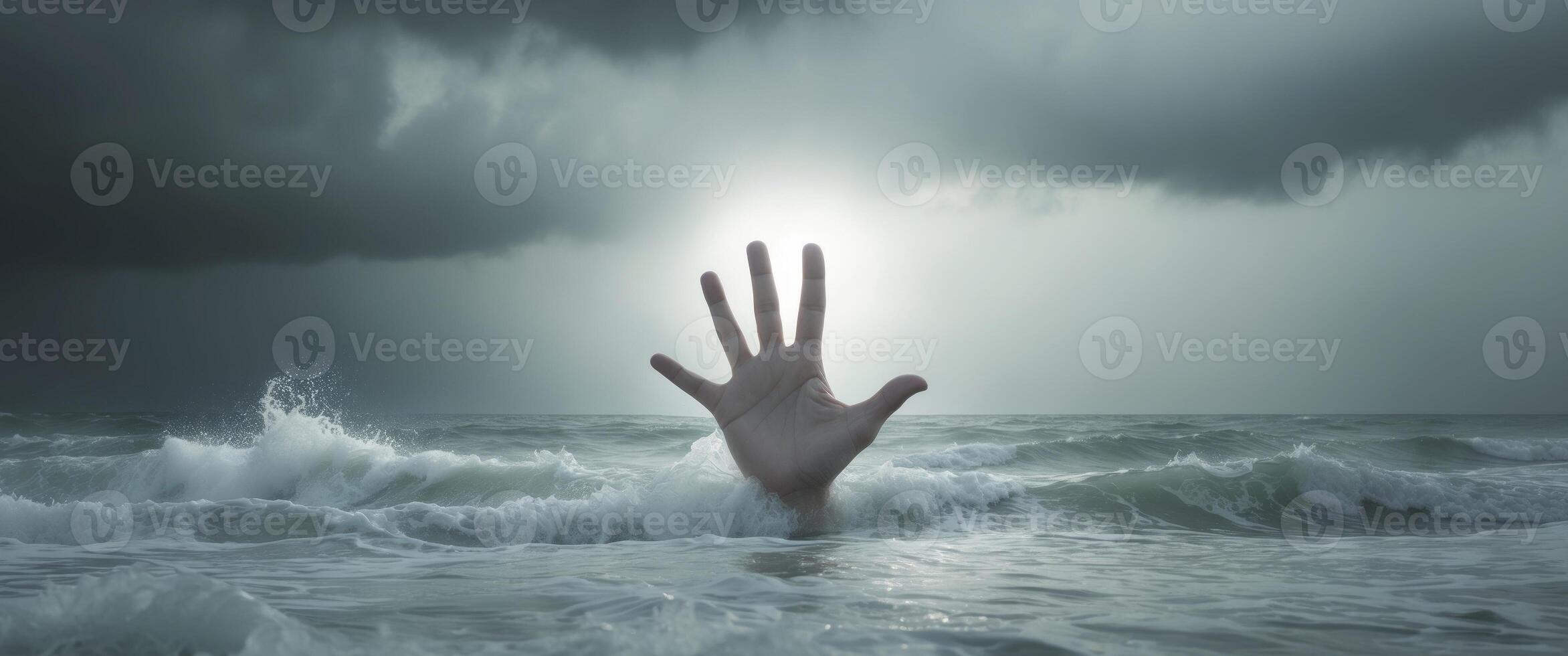 Hand Emerging from Ocean Showing Three Fingers Under Stormy Sky photo
