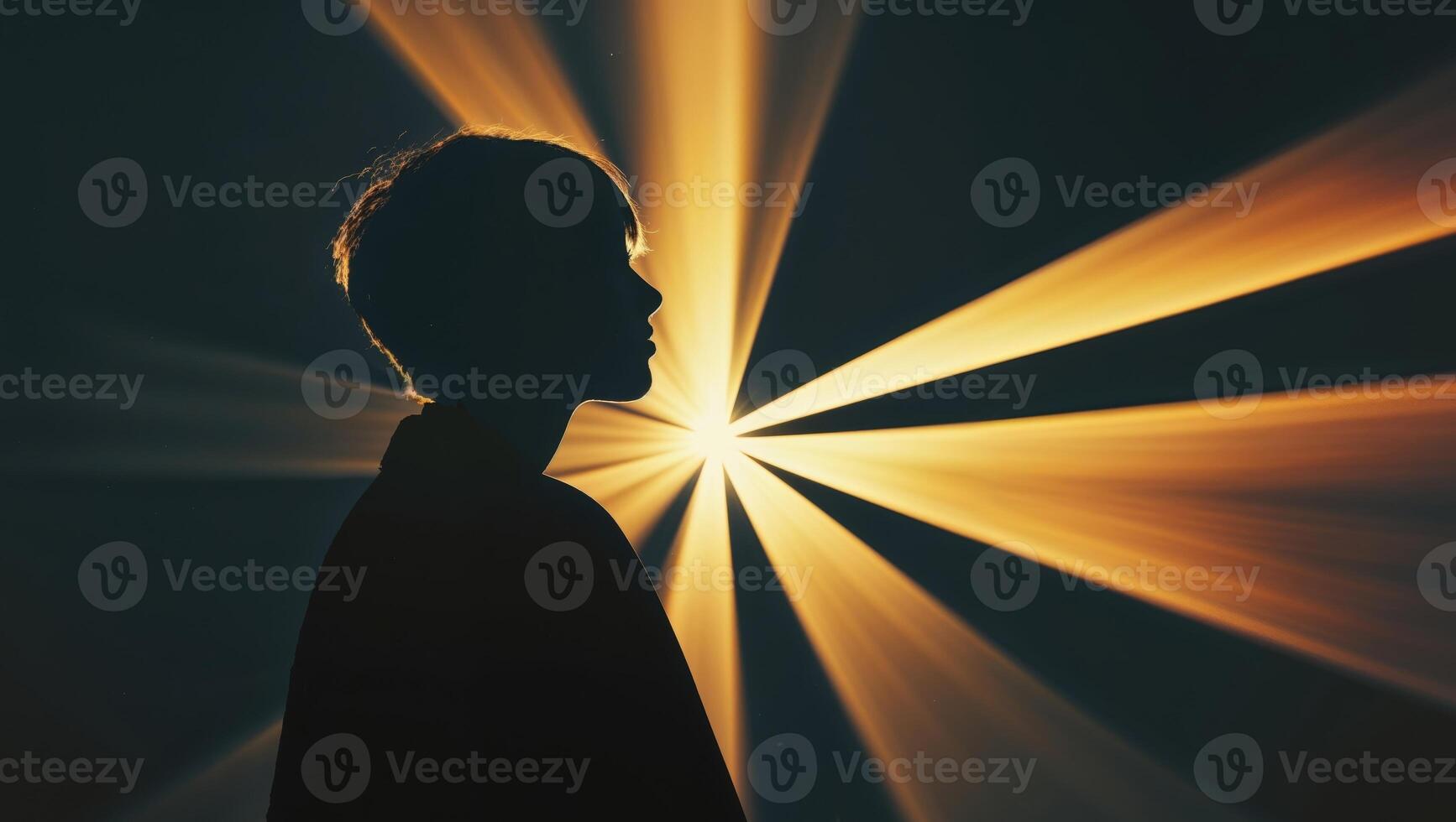 Silhouette of a man with light beams coming from behind him photo