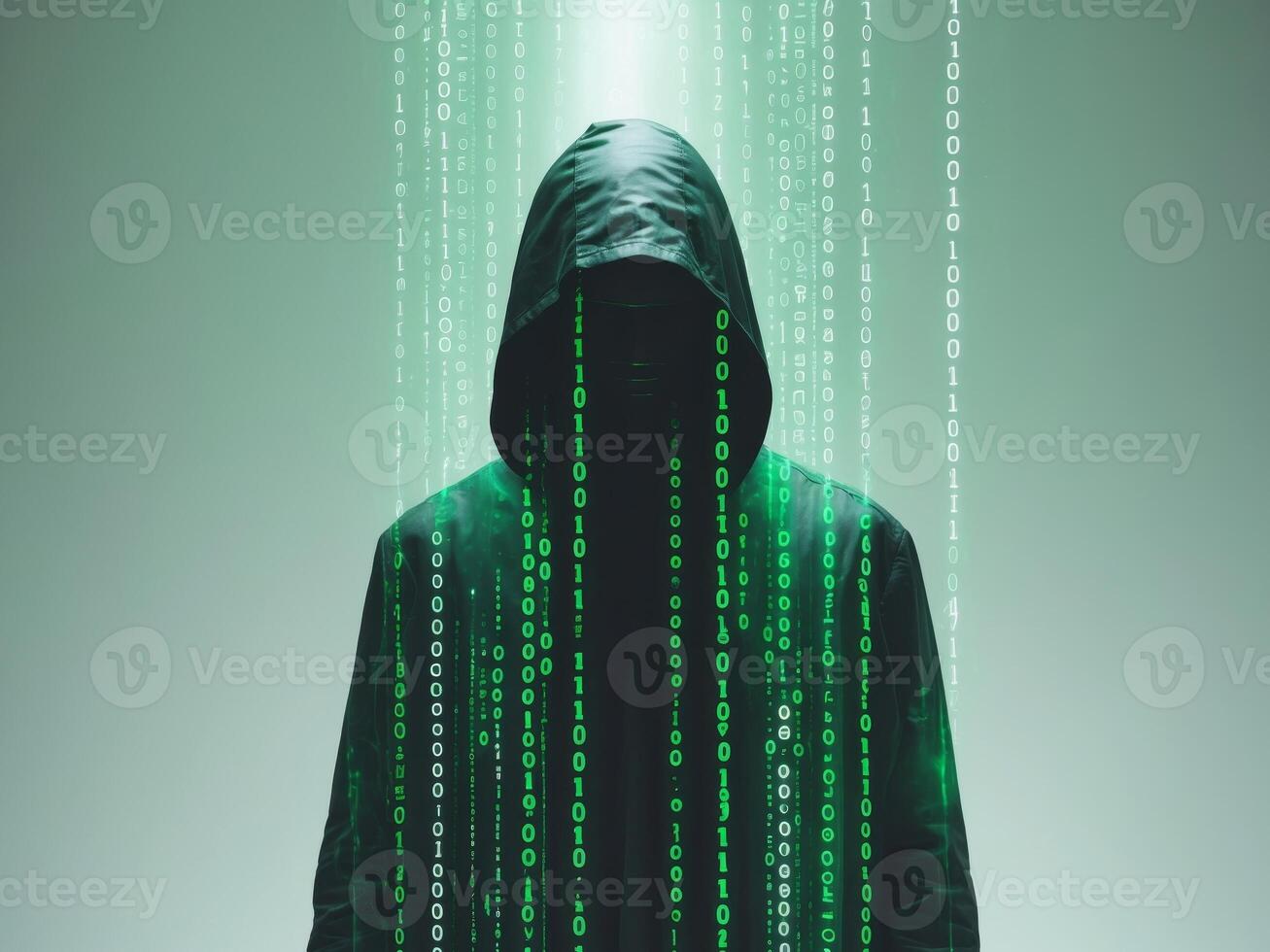 A man in a hoodie with green binary code on his face photo