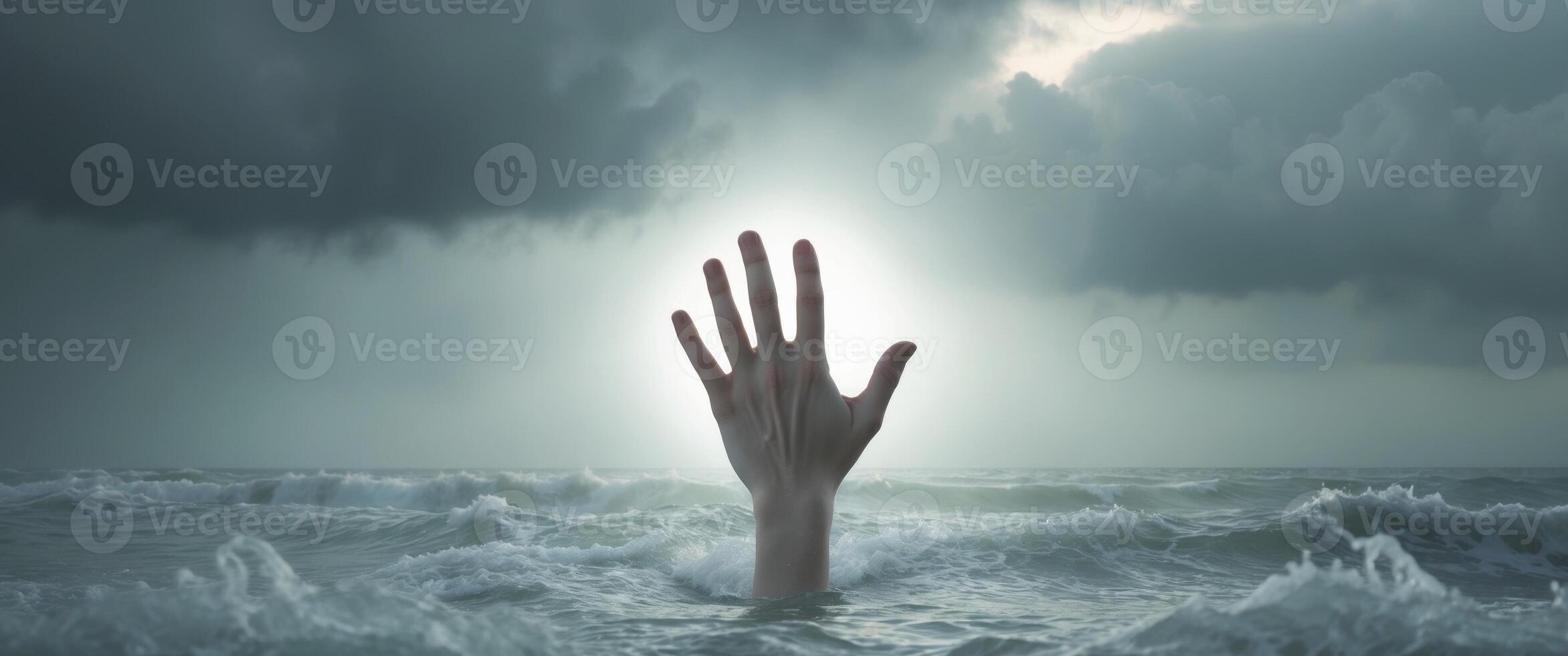 A hand reaching out from the water in the ocean photo