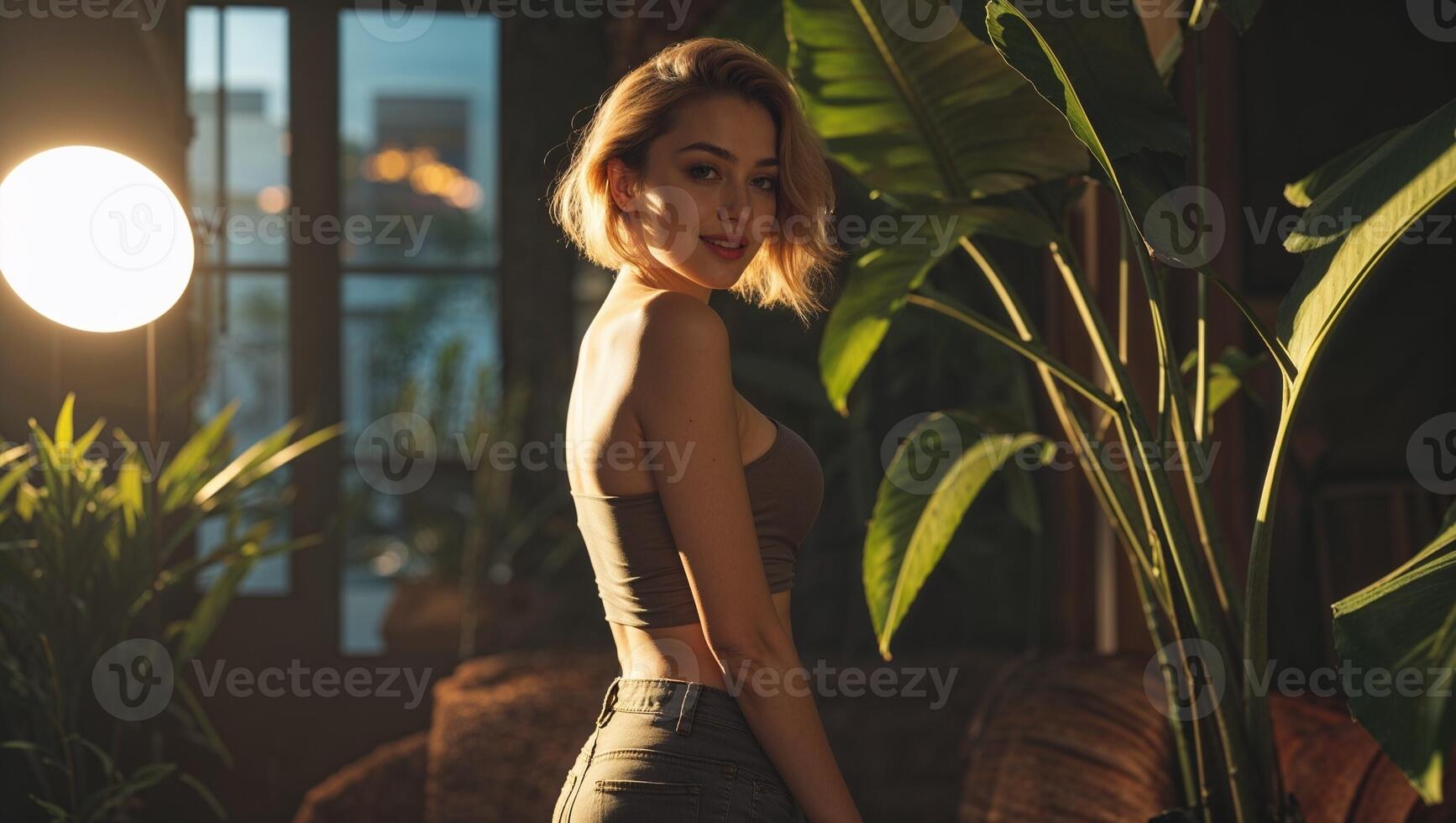 A woman posing in front of a plant photo