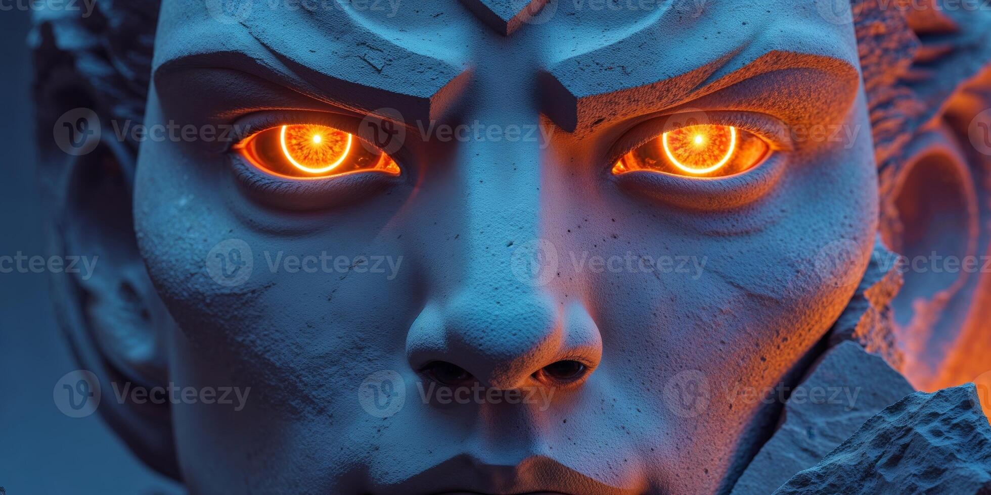 The face of a demon with glowing eyes photo