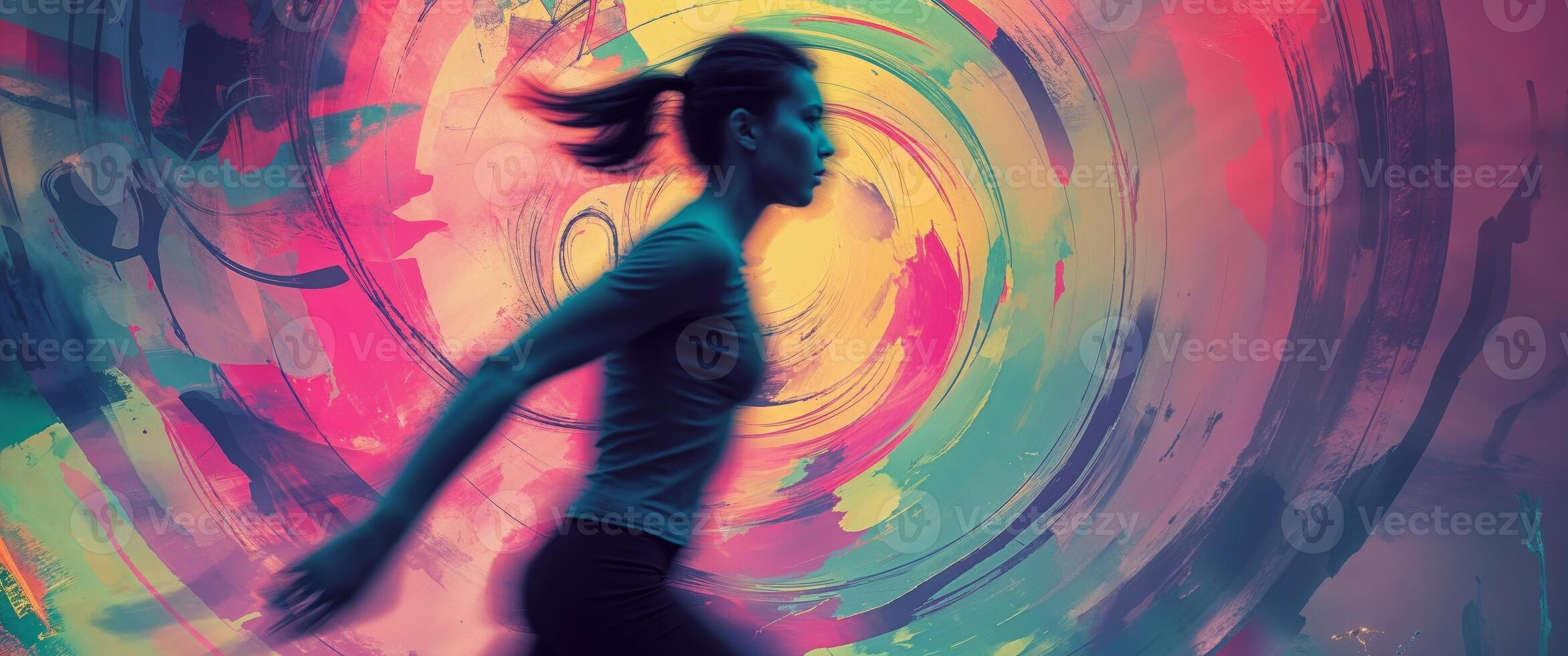 A woman running in front of a colorful swirl photo