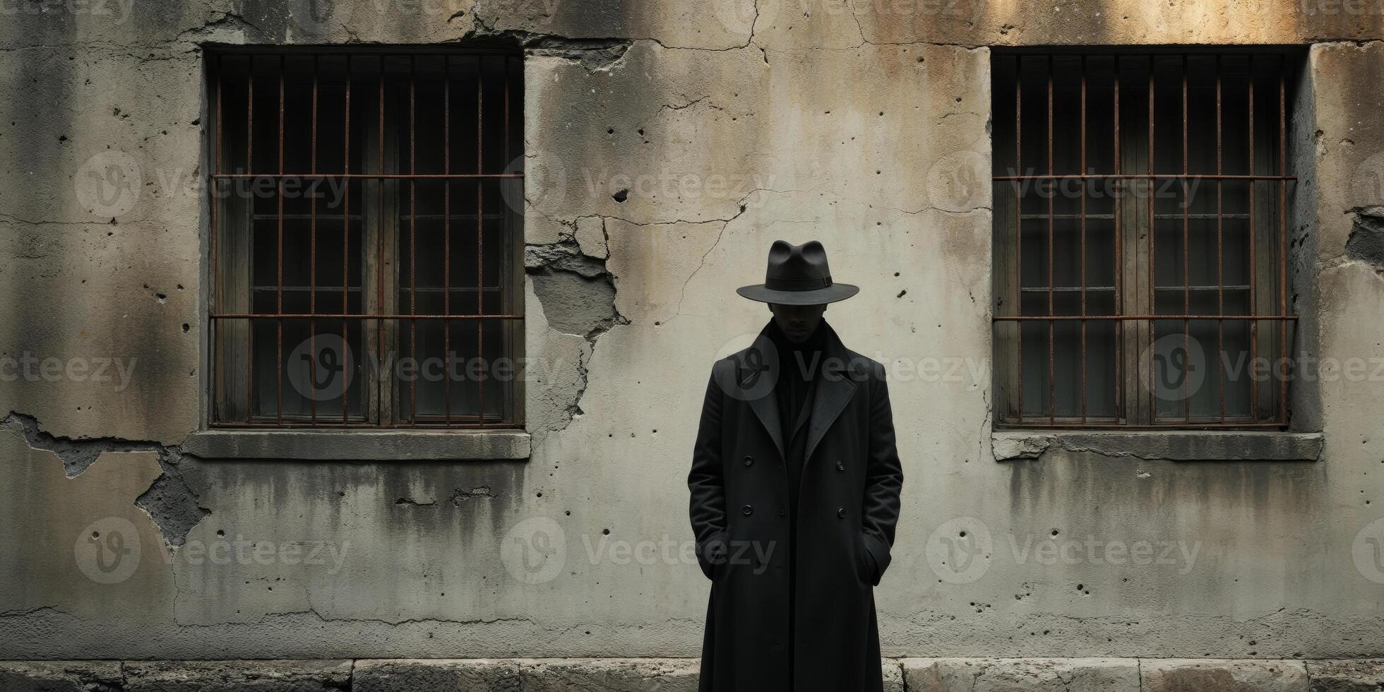 A man in a black suit and hat stands in front of a building photo