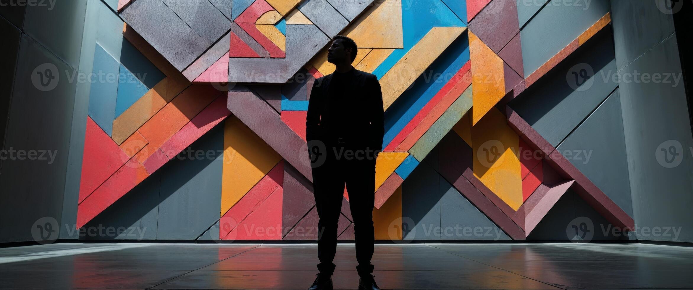 A man standing in front of a colorful wall photo
