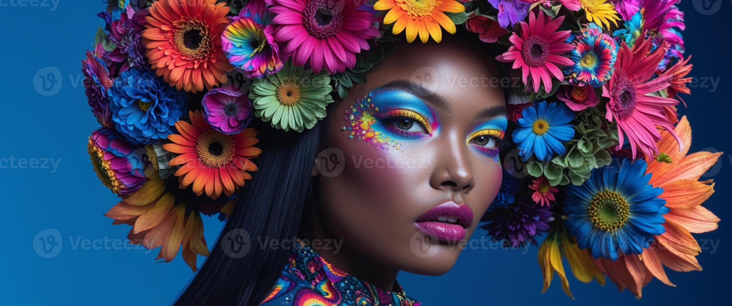 Beautiful african woman with colorful makeup and flowers on her head photo