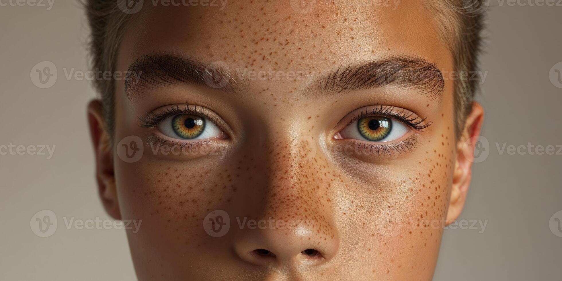 A close up of a young boy with freckles photo