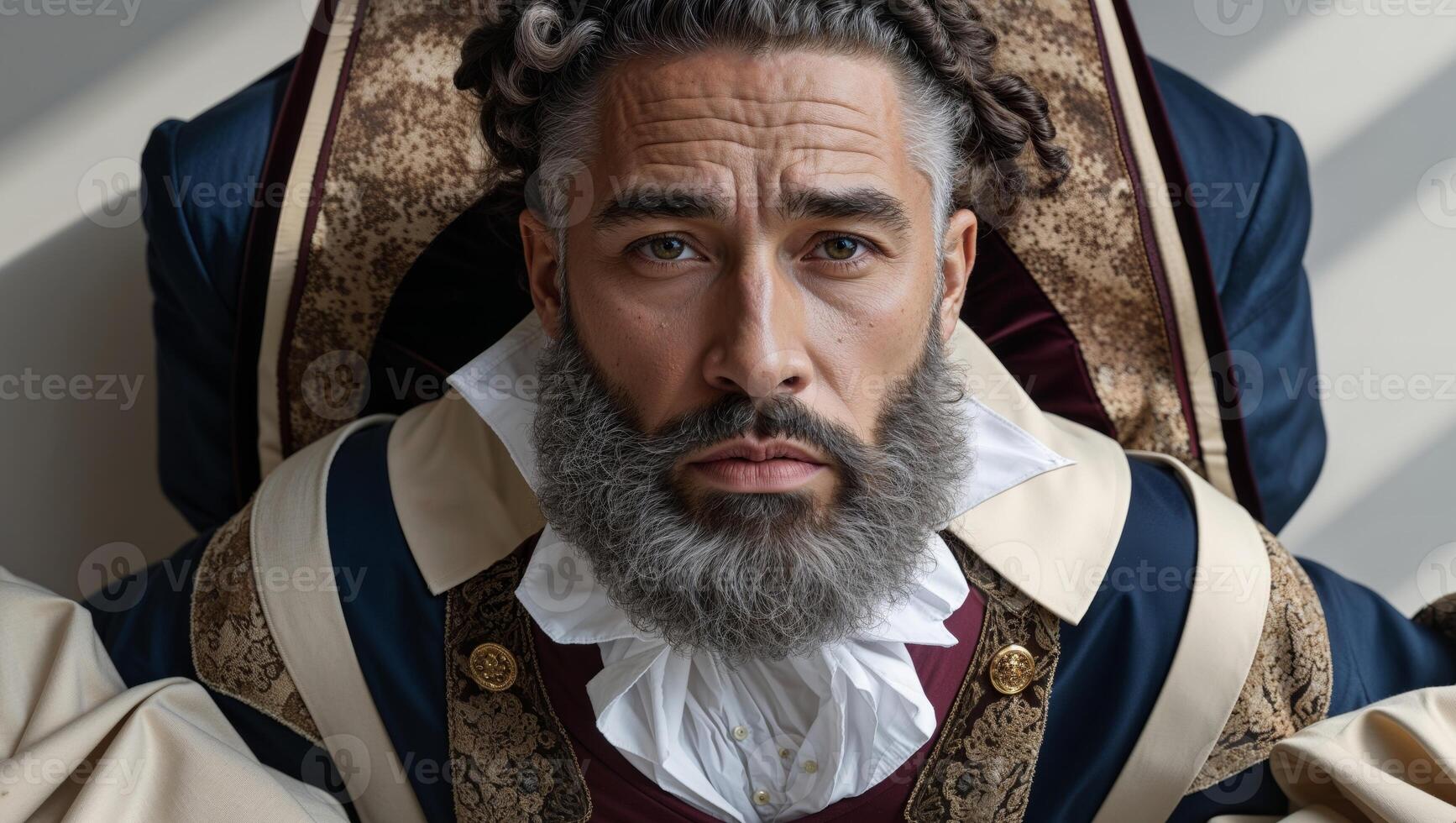 A man with a beard and a beard sitting in a chair photo