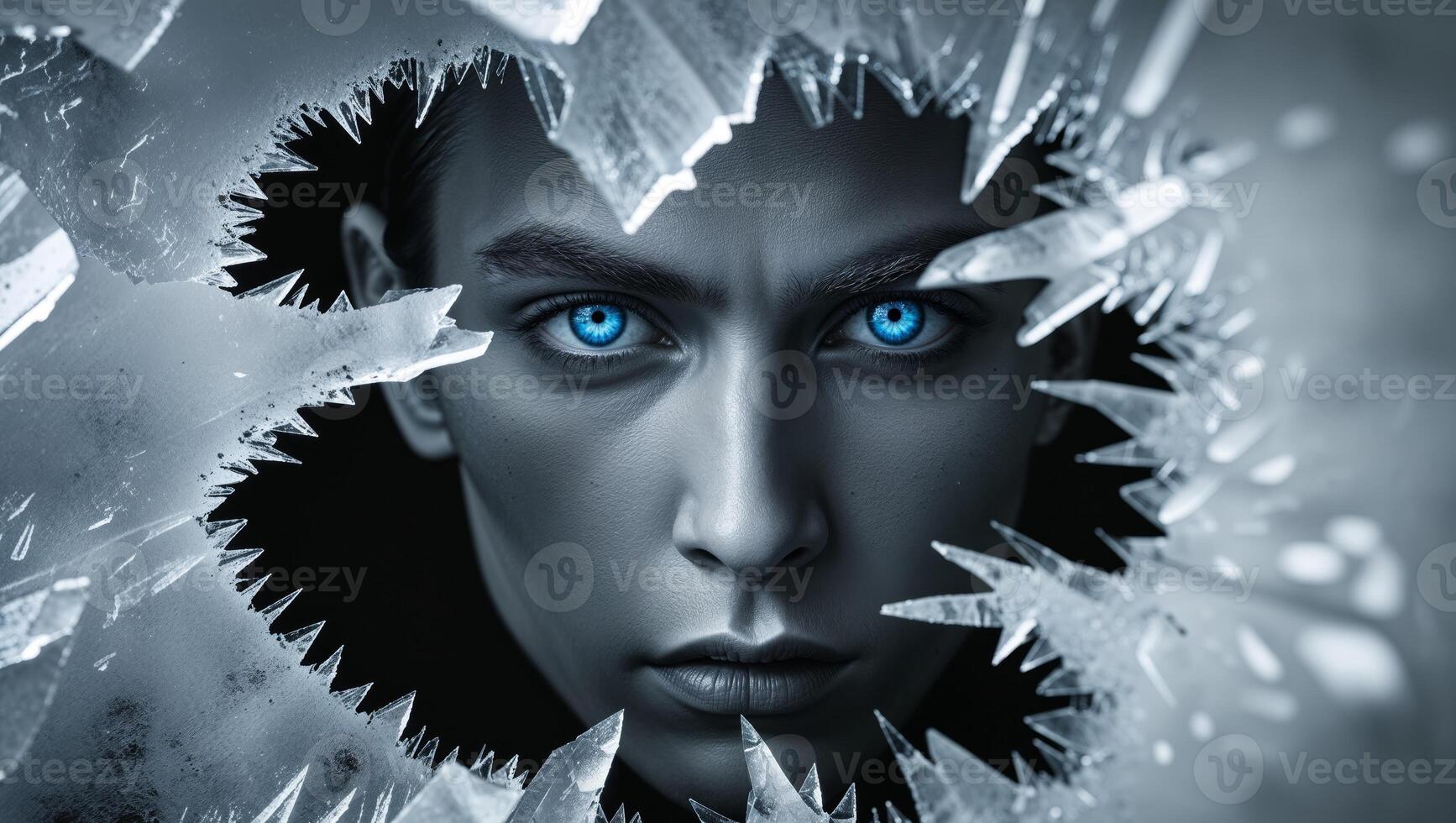 A man with blue eyes is looking through a hole in a wall photo
