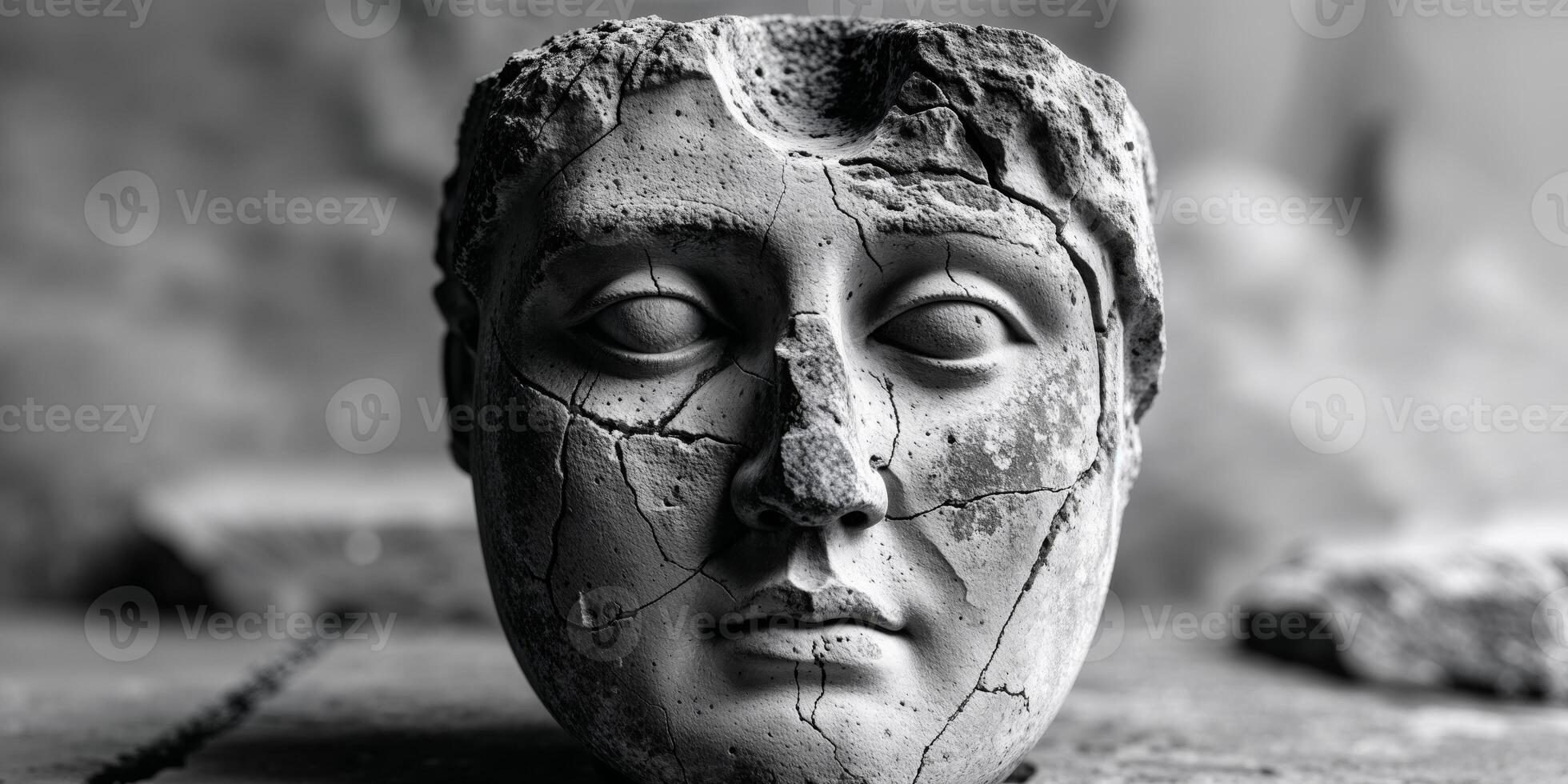 A black and white photo of a broken head