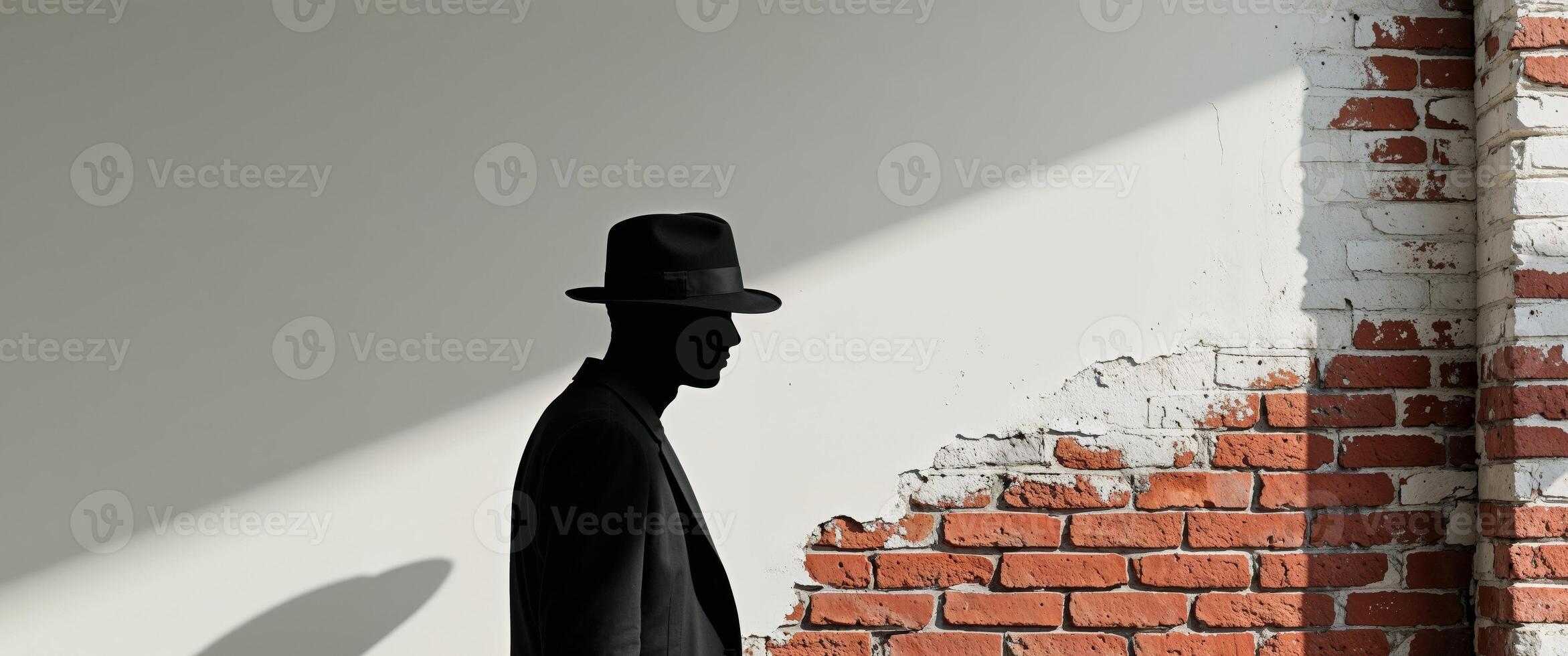 A silhouette of a man in a hat and suit standing in front of a brick wall photo