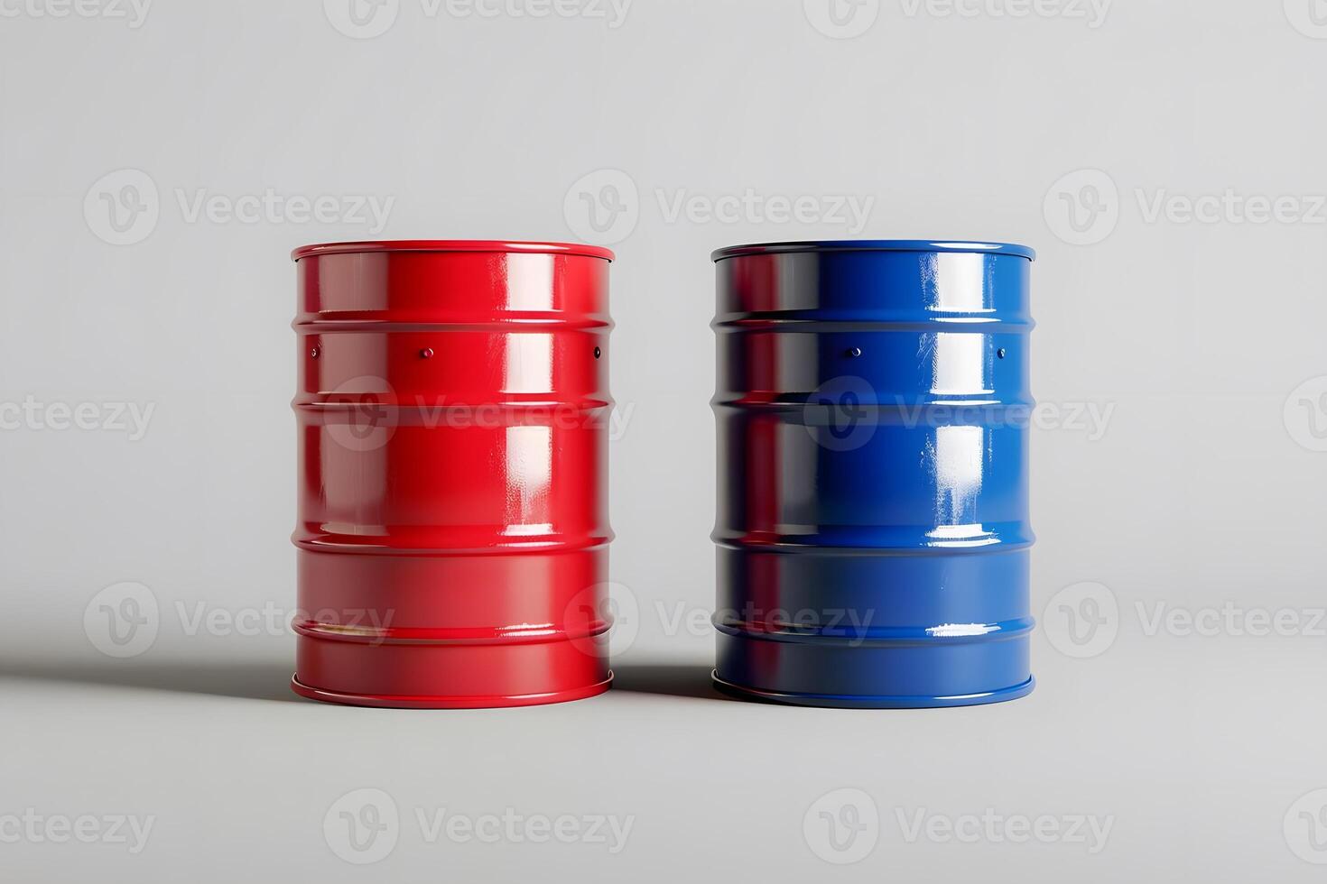 Two Metal Barrels, One Red and One Blue, Stand Side by Side, Representing Different Industrial Materials, Displaying a Contrasting Visual Appeal, in a Simple Setting. photo