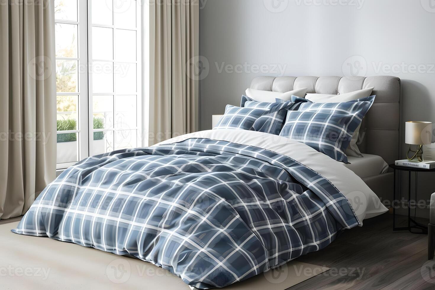 Discover the Tranquil Beauty of Blue and White Plaid Bedding, Enhancing Bedroom Decor with Soft Textures and Elegant Patterns. Create a Serene and Comfortable Sleep Sanctuary for Restful Nights. photo