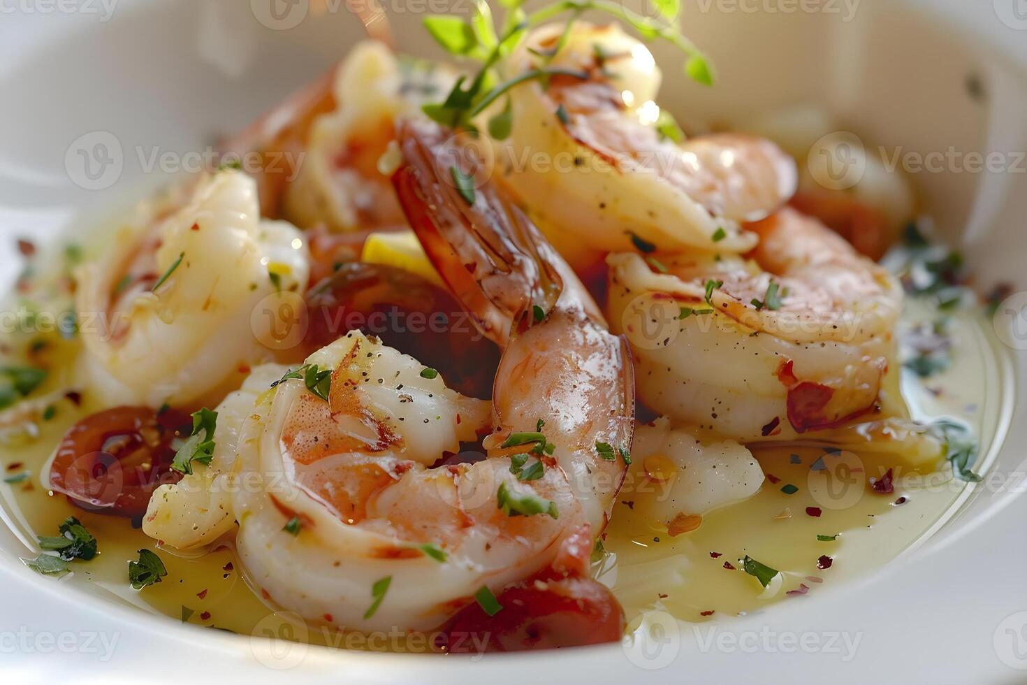 Succulent Shrimp Sizzles with Herbs and Spices in a Zesty Lemon-Olive Oil Dressing, Served with Burst Cherry Tomatoes A Culinary Delight photo