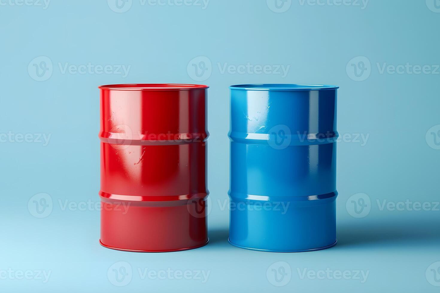 Two Metal Barrels, Red and Blue, Cylindrical Storage Containers, Industrial, Positioned Side by Side on a Blue Background, Representing Diverse Storage Solutions for Various Materials. photo