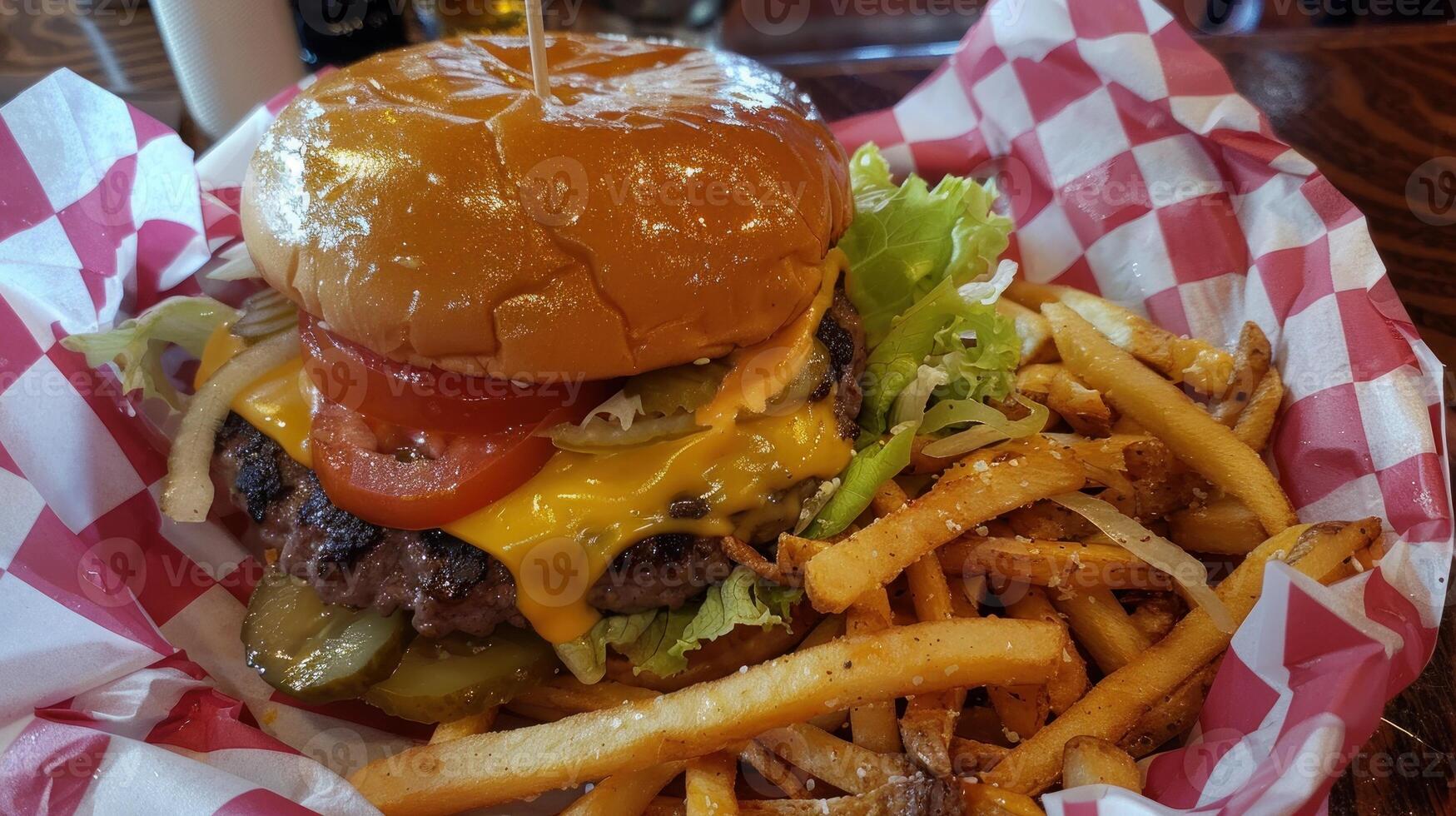 Delicious double cheeseburger with fries photo