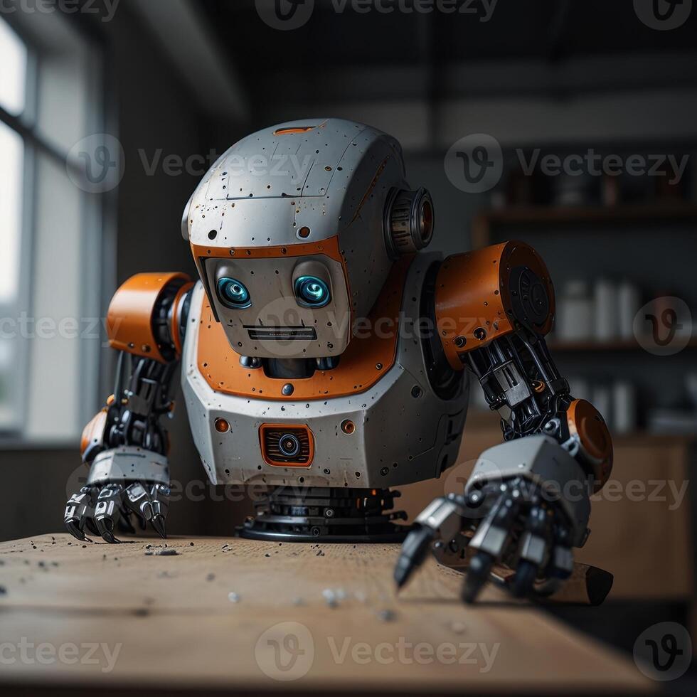 A robot sitting on a table with a piece of wood photo