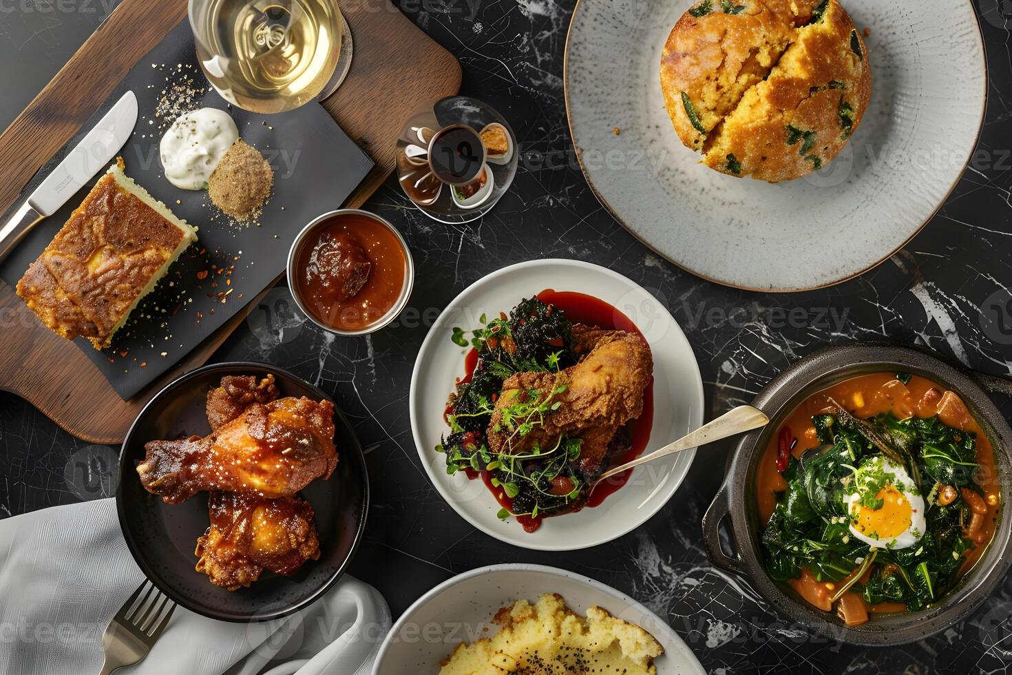 Fried Chicken with Sauces, Cornbread, Mashed Potatoes, and Greens A Delicious Southern Meal with Diverse Flavors and Textures, Enjoying a Culinary Experience. photo