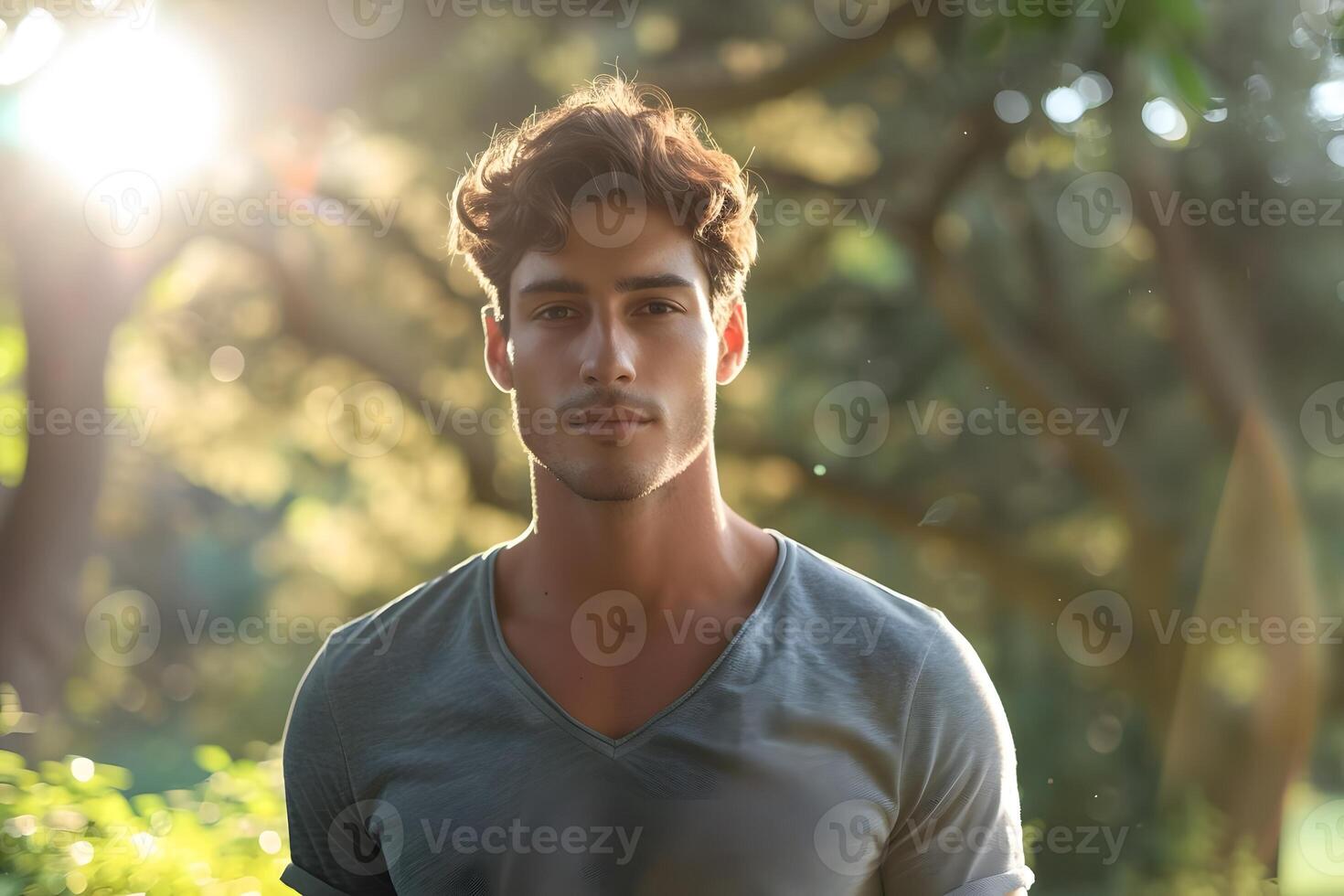 Man Poses Outdoors in Serene Nature, Wearing Simple Shirt, Smiling Calmly Under Golden Sunlight, Exhibiting Youthful Radiance, and Peaceful Serenity in a Tranquil Setting. photo