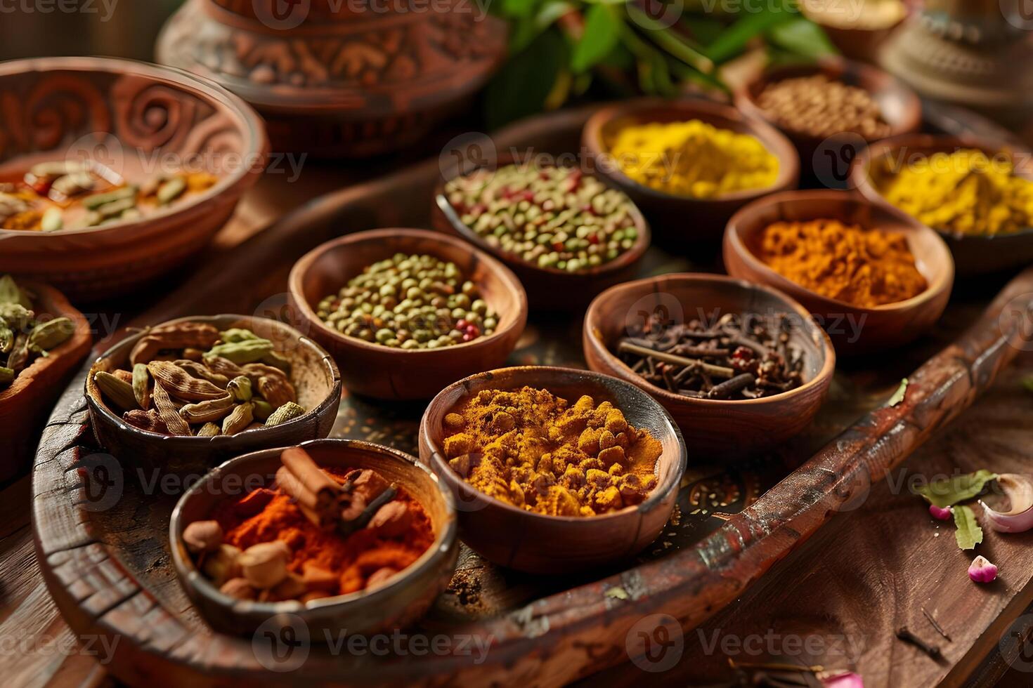 Aromatic Spices Turmeric, Cinnamon, Cloves, and Cardamom in Wooden Bowls, a Culinary Exploration of Flavor and Fragrance with Diverse Herbs and Seasonings, Unveiling the Richness of Global Cuisine. photo