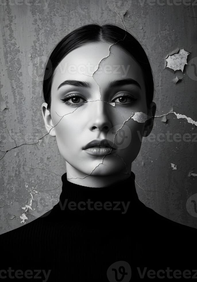 A woman with a broken face and a broken wall photo