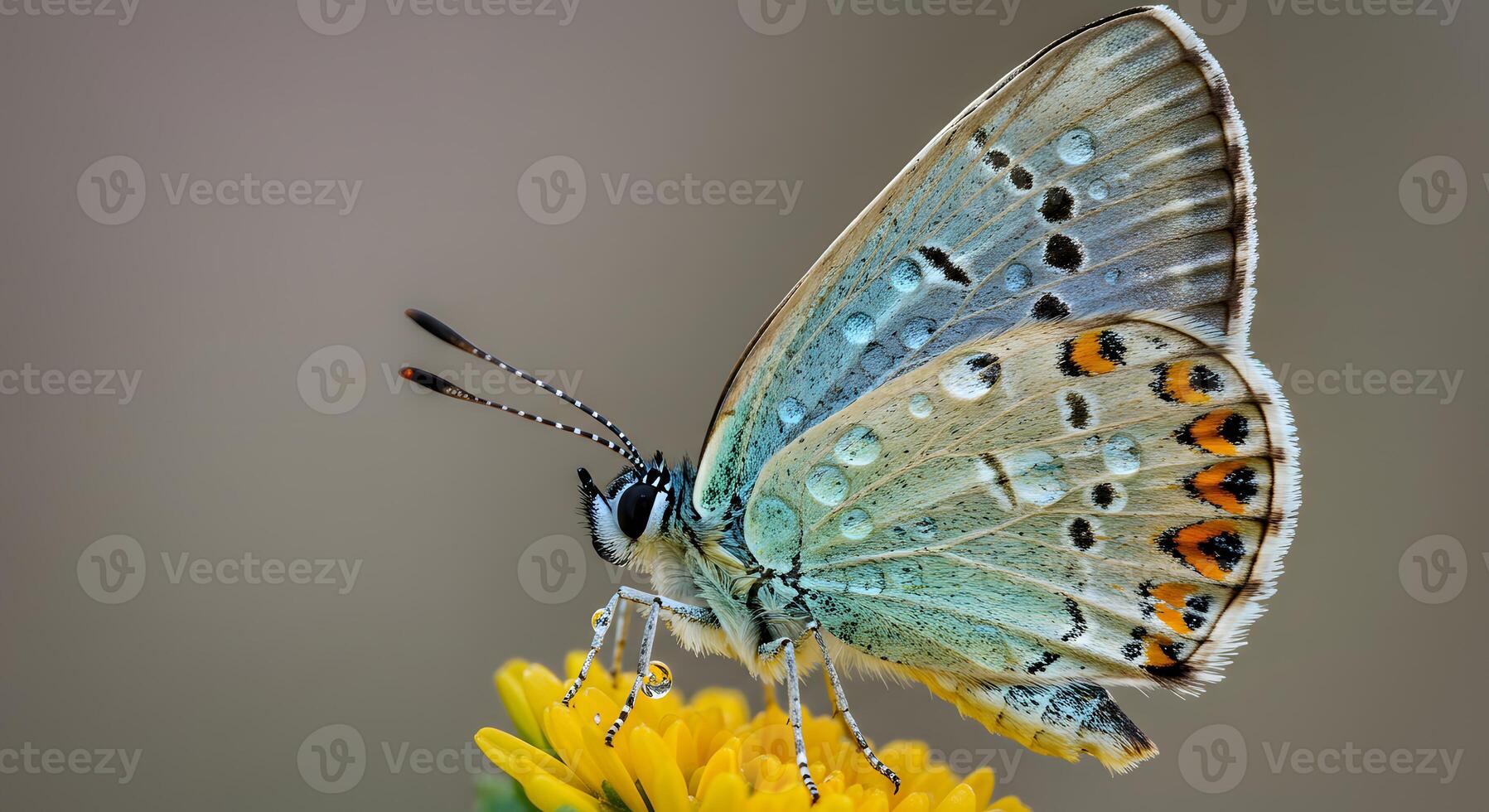 A butterfly with blue wings and black spots on its back photo