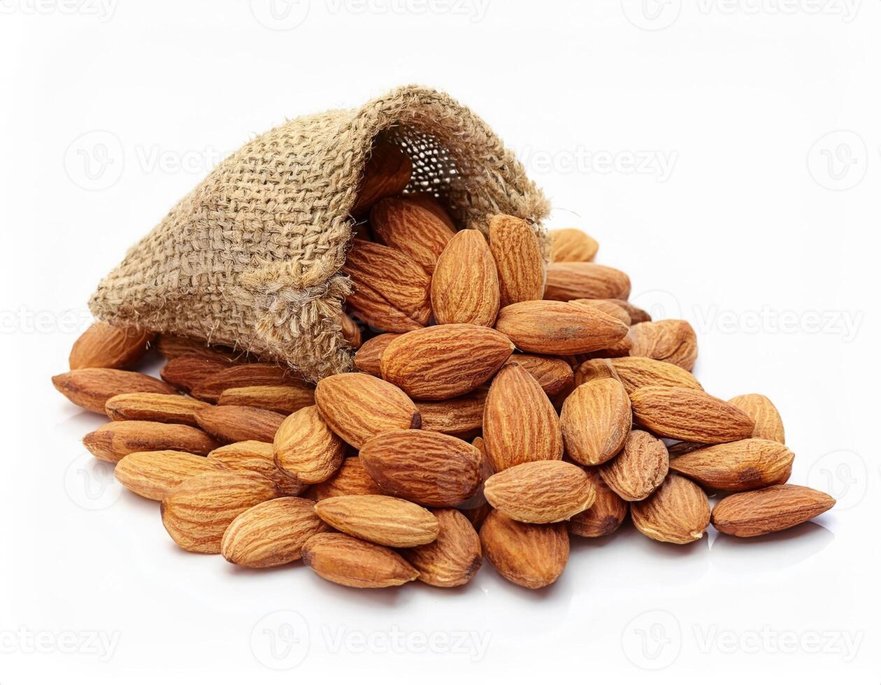 Delicious Roasted Almonds Spilling from a Burlap Sack on White Background Healthy Snack Food photo