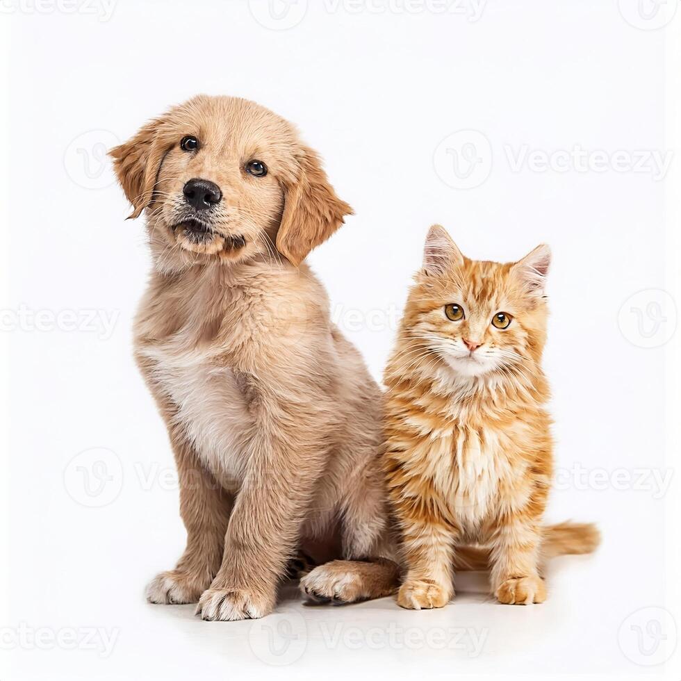 Adorable Golden Retriever Puppy and Fluffy Ginger Kitten Sitting Together Studio Shot photo