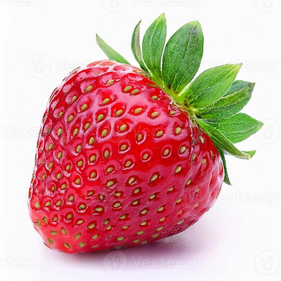 A Single Ripe Red Strawberry with Green Leaves Isolated on White Background Perfect for Food Blogs and Culinary Projects photo