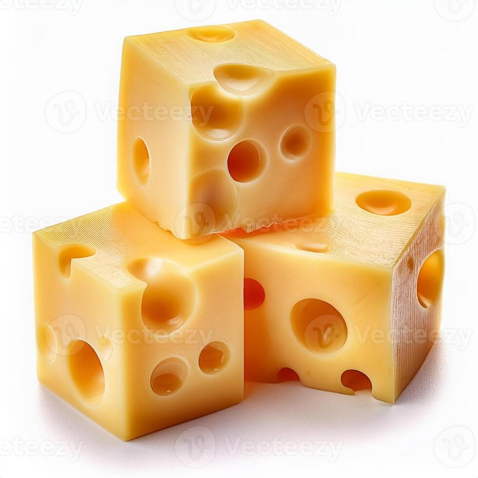 Delicious Cubes of Swiss Cheese Isolated on White Background Perfect for Food Blog Recipe or Advertisement photo