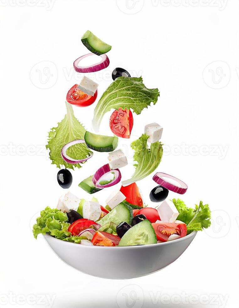 Fresh Ingredients Falling into a Delicious Greek Salad Bowl A vibrant healthy meal photo