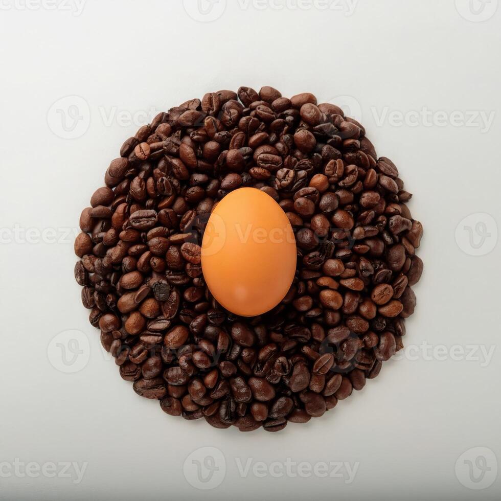 A Single Orange Egg Nestled in a Bed of Dark Roasted Coffee Beans A Unique Still Life Image photo