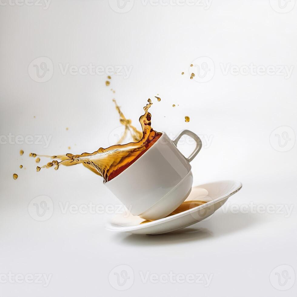 Dynamic Splash of Tea White Cup and Saucer in Motion A Stunning Image of a Tipping Teacup photo