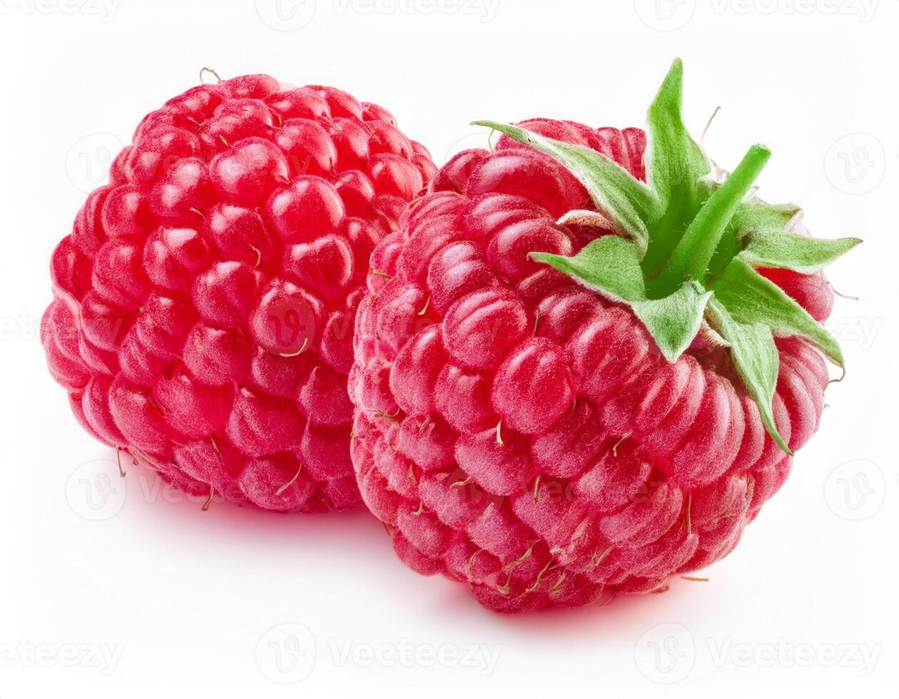 Two ripe red raspberries isolated on white background perfect for food blogs and culinary websites photo