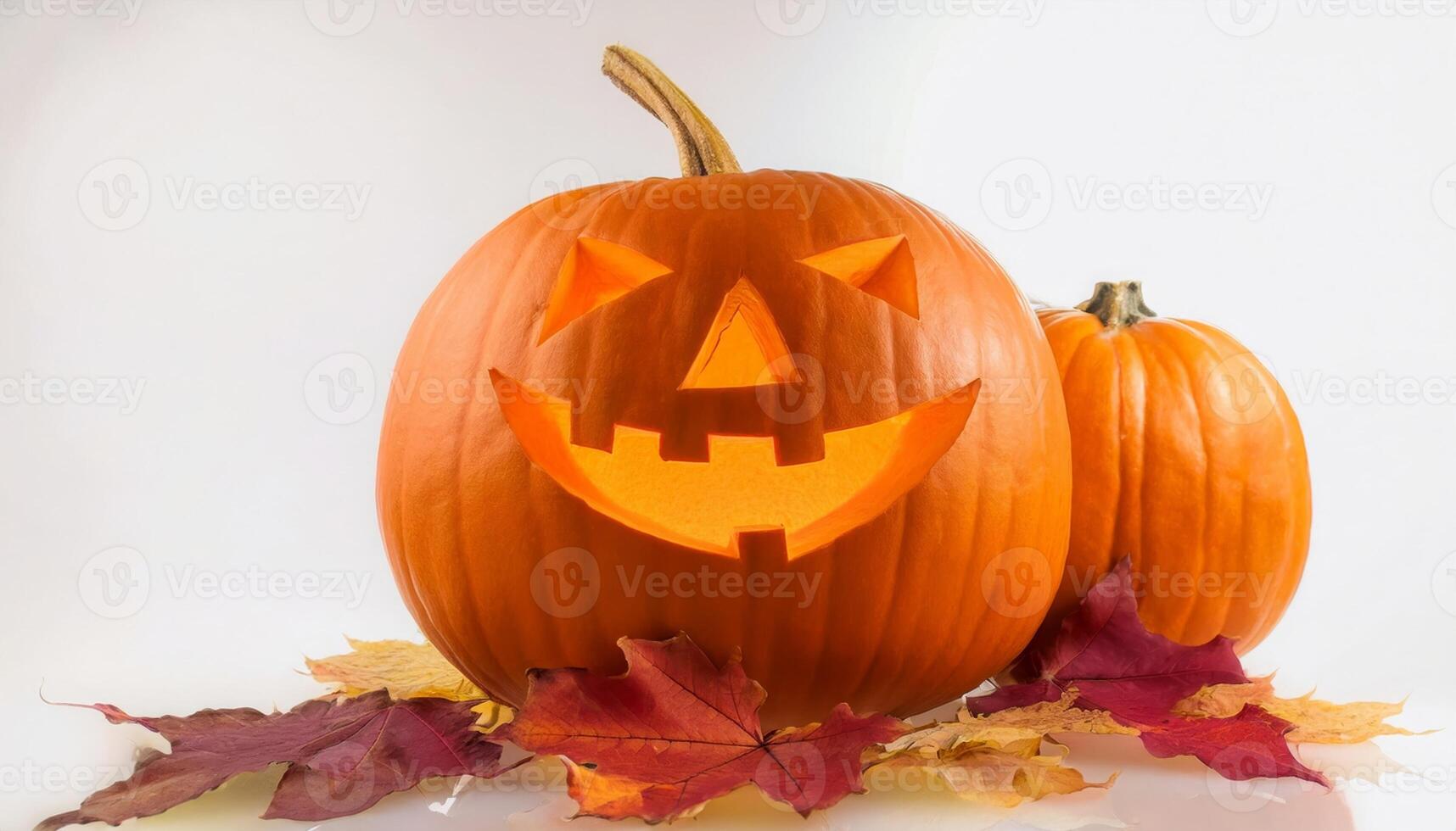 Carved Halloween Pumpkin with Jack o' lantern Face near Autumn Leaves and Another Pumpkin photo