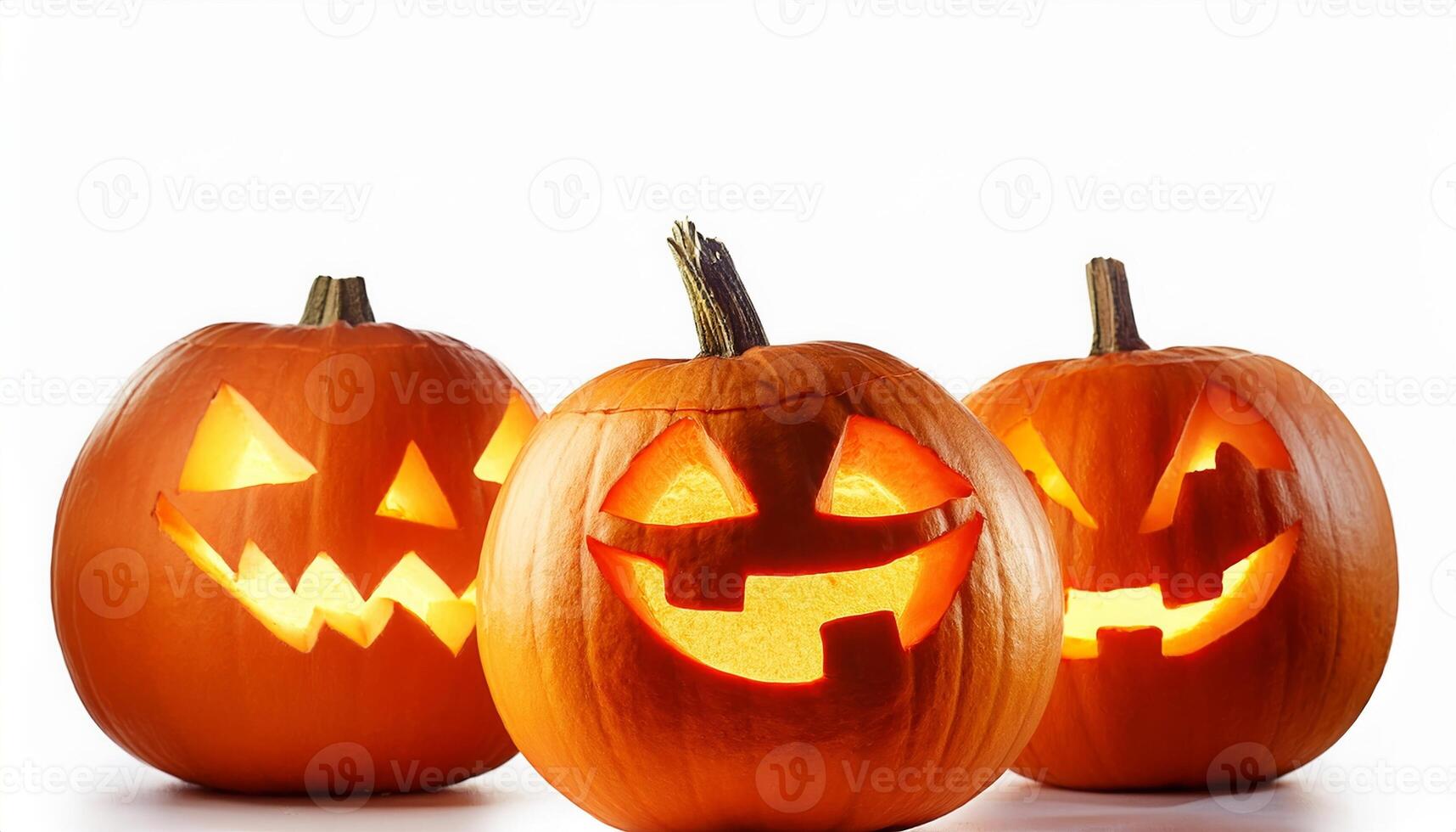 Three Jack o' lanterns with lit faces Halloween pumpkins isolated on white background photo