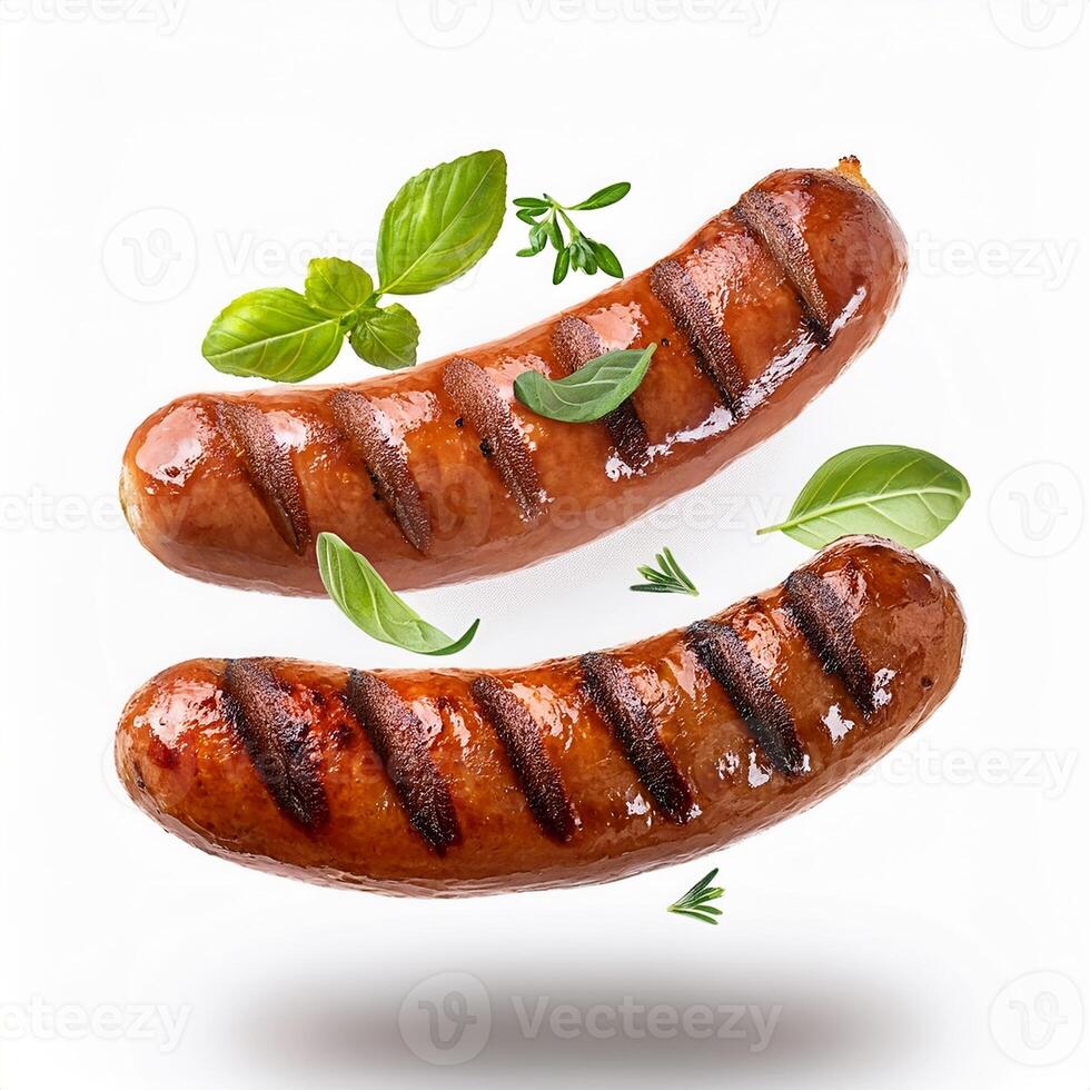 Delicious Grilled Sausages with Fresh Herbs Levitating against White Background photo