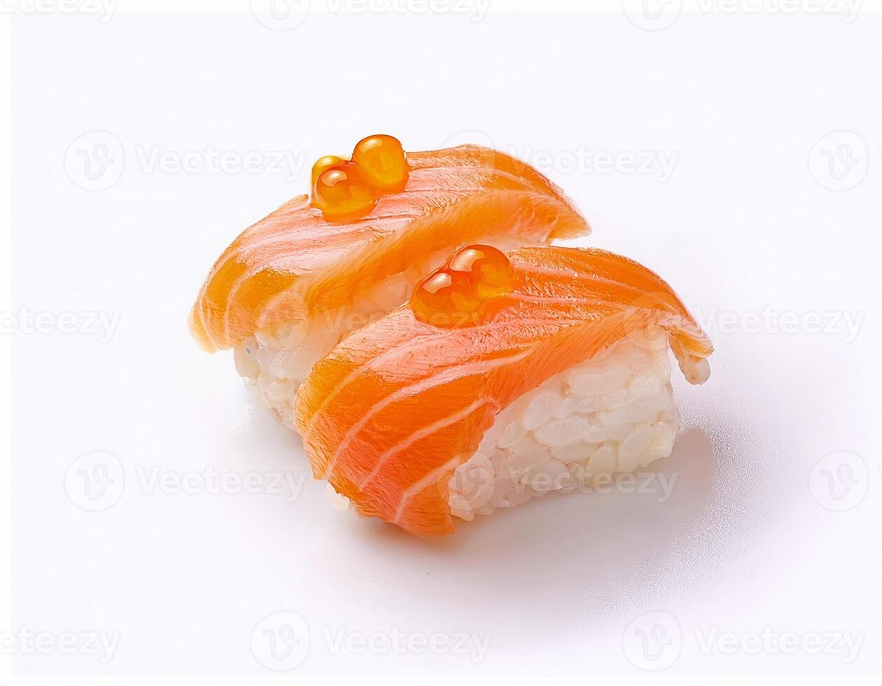 Delicious Salmon Nigiri Sushi with Orange Caviar Close up Studio Shot of Two Pieces photo