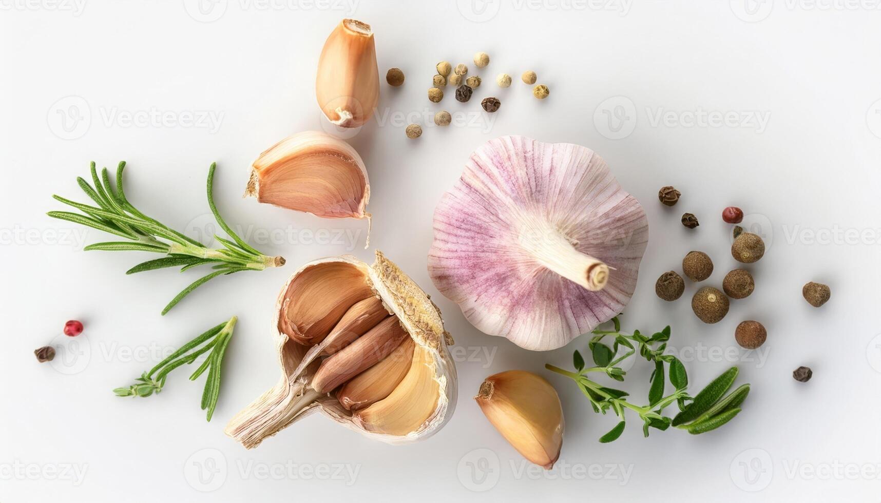 Fresh Garlic Cloves with Rosemary and Thyme Herbs Assorted Peppercorns Aromatic Culinary Ingredients photo
